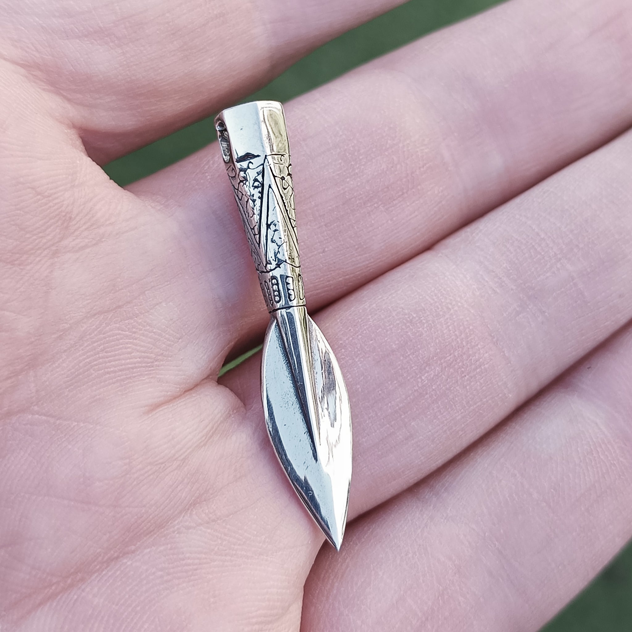 Silver Finnish Spear Head Pendant on Hand