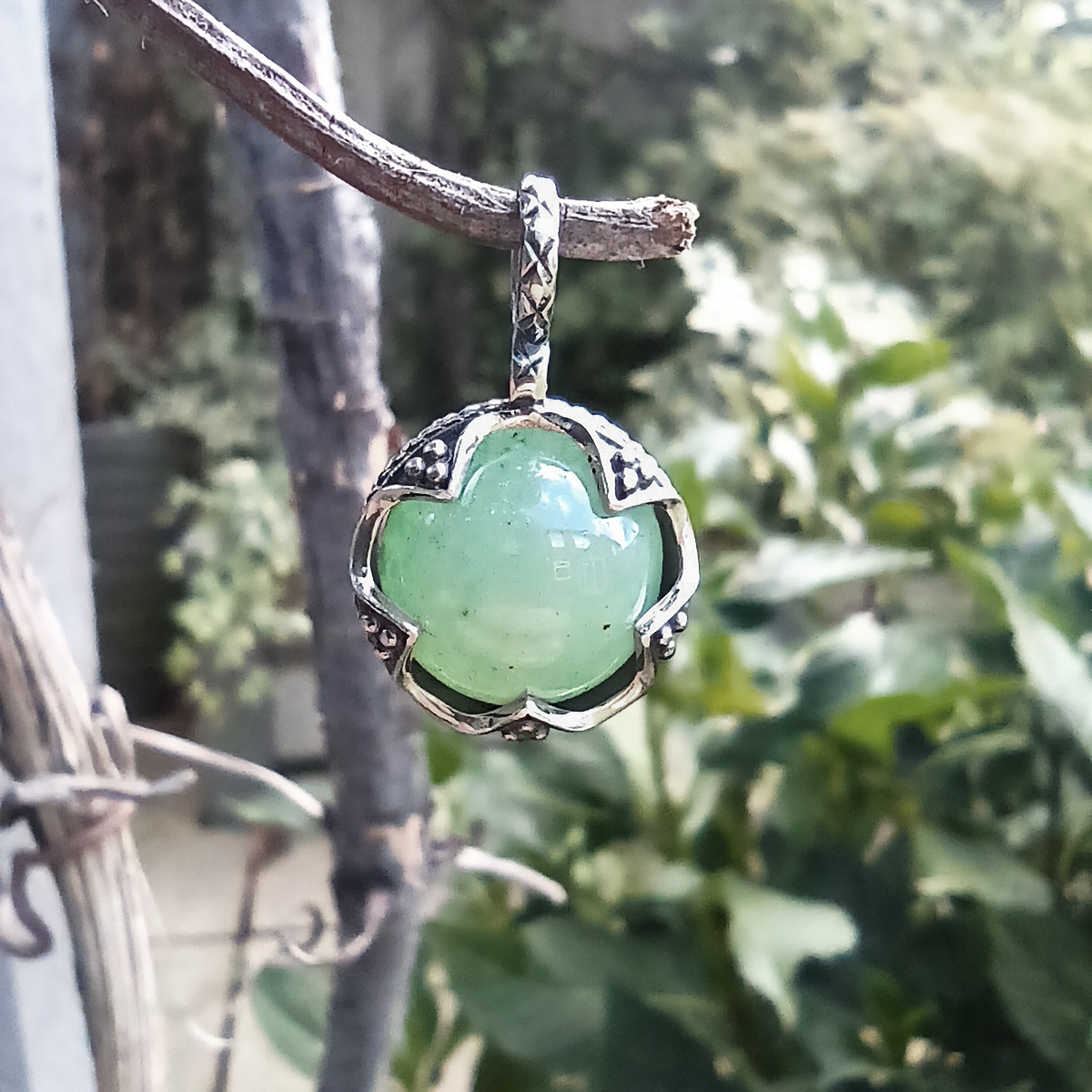 Small Silver Gotland Aventurine Ball Pendant - Hanging in Tree