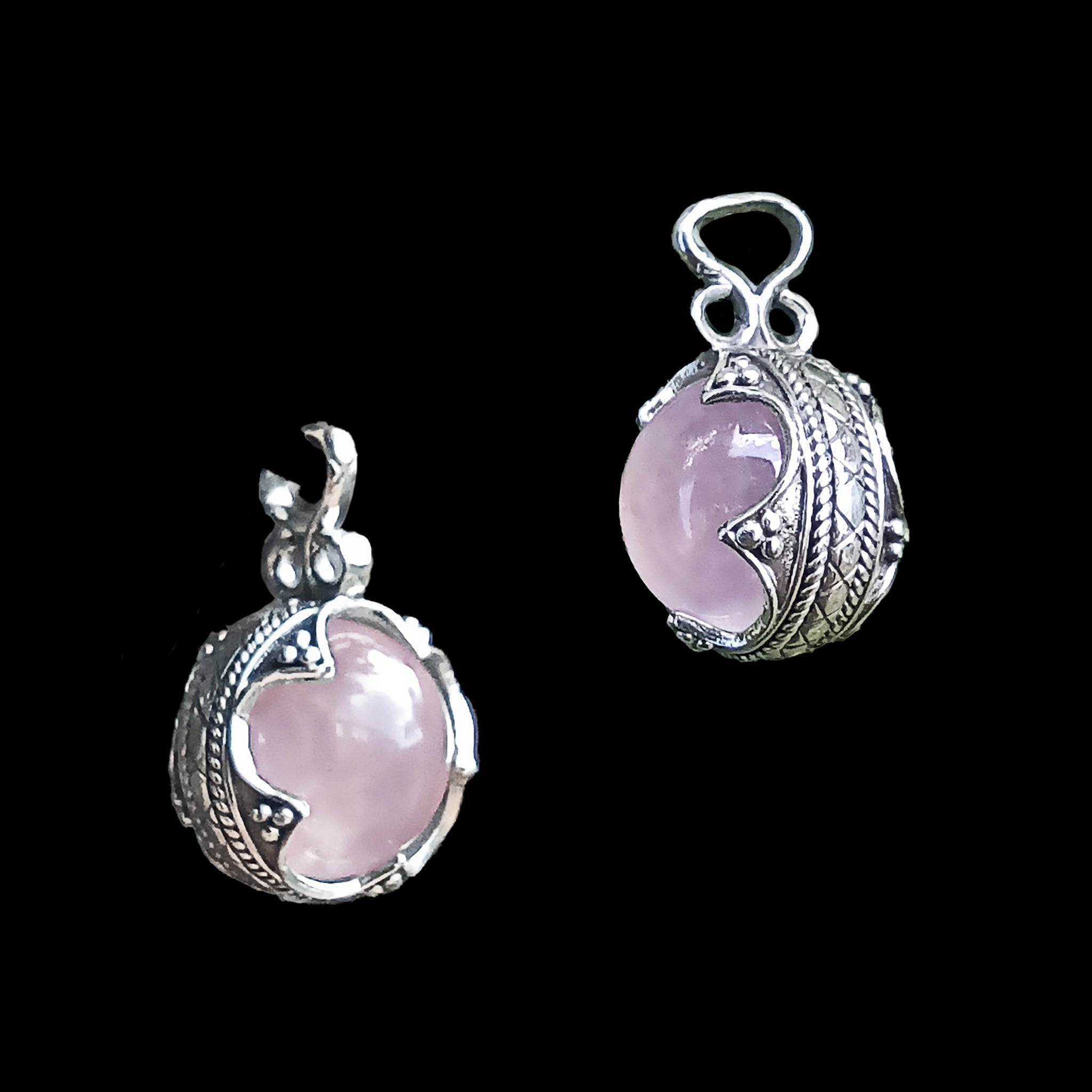 Small Silver Gotland Rose Quartz Ball Pendants - Different Angles