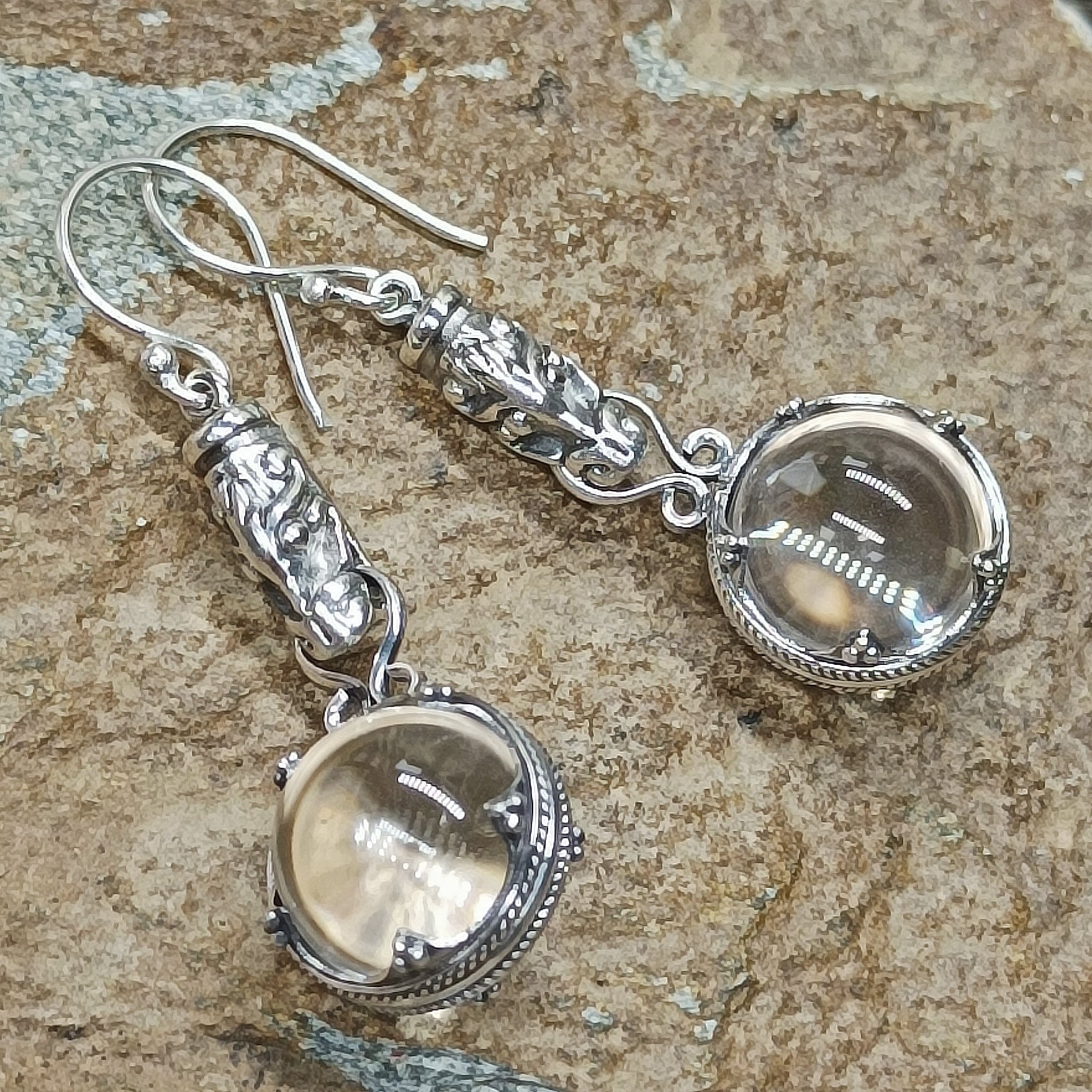 Silver Dragon Head Gotlandic Crystal Ball Earrings on Rock