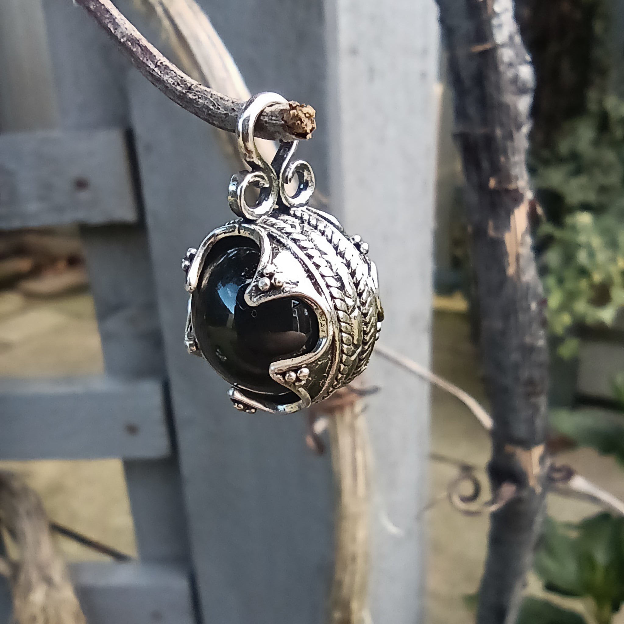 Small Silver Gotland Onyx Ball Pendant - Hanging Angle View