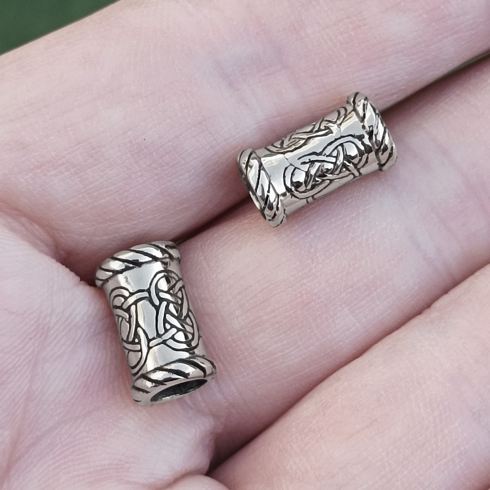 Small Knotwork Viking Beard Rings on Hand - Silver