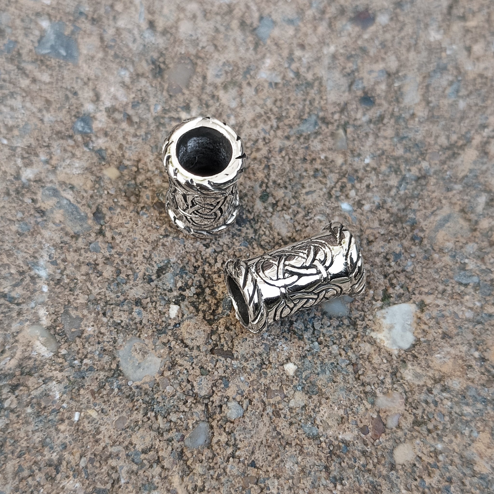 Small Knotwork Viking Beard Rings on Stone - Silver