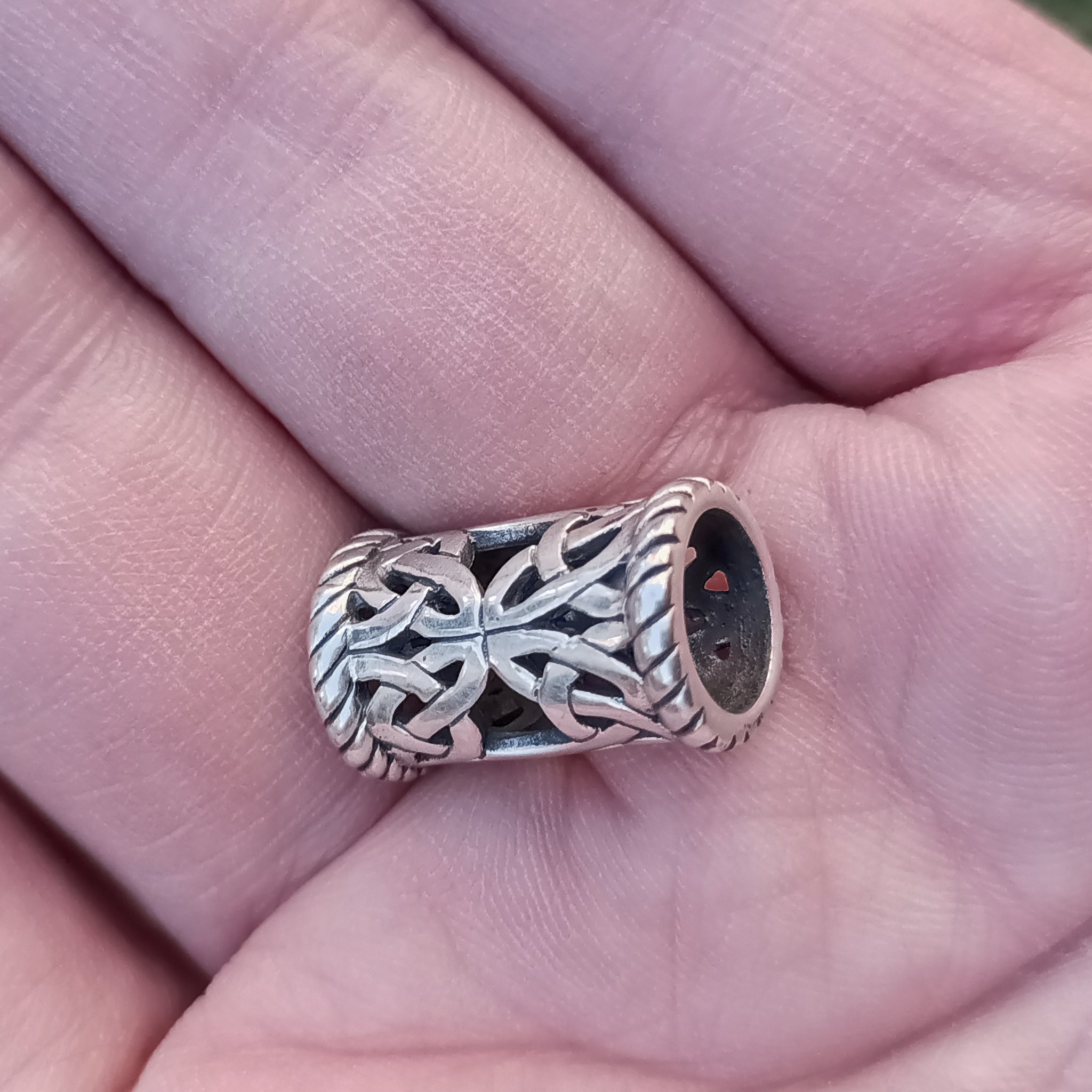 Medium Openwork Viking Beard Ring on Hand - Angle View