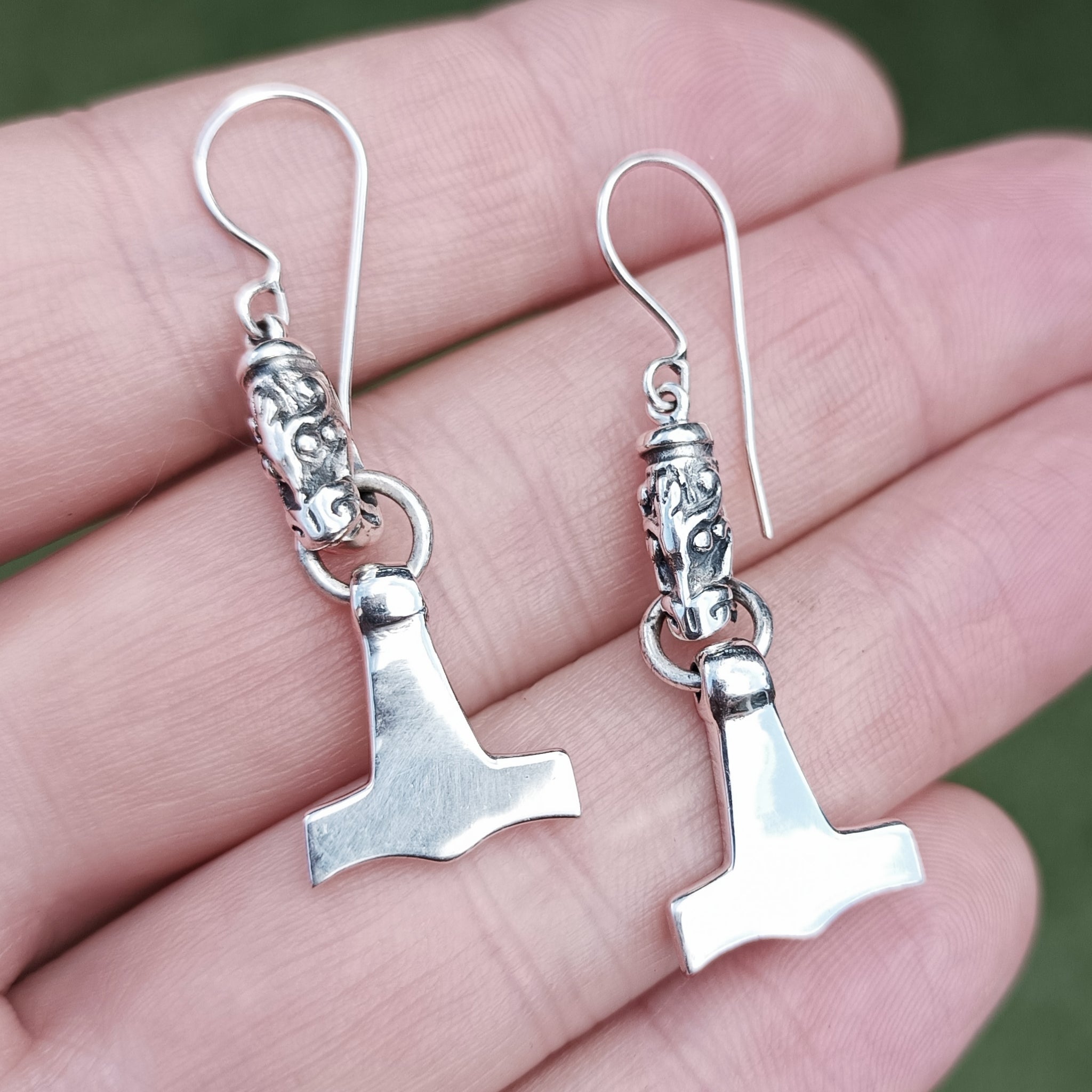 Silver Gotland Dragon Thors Hammer Earrings in Hand