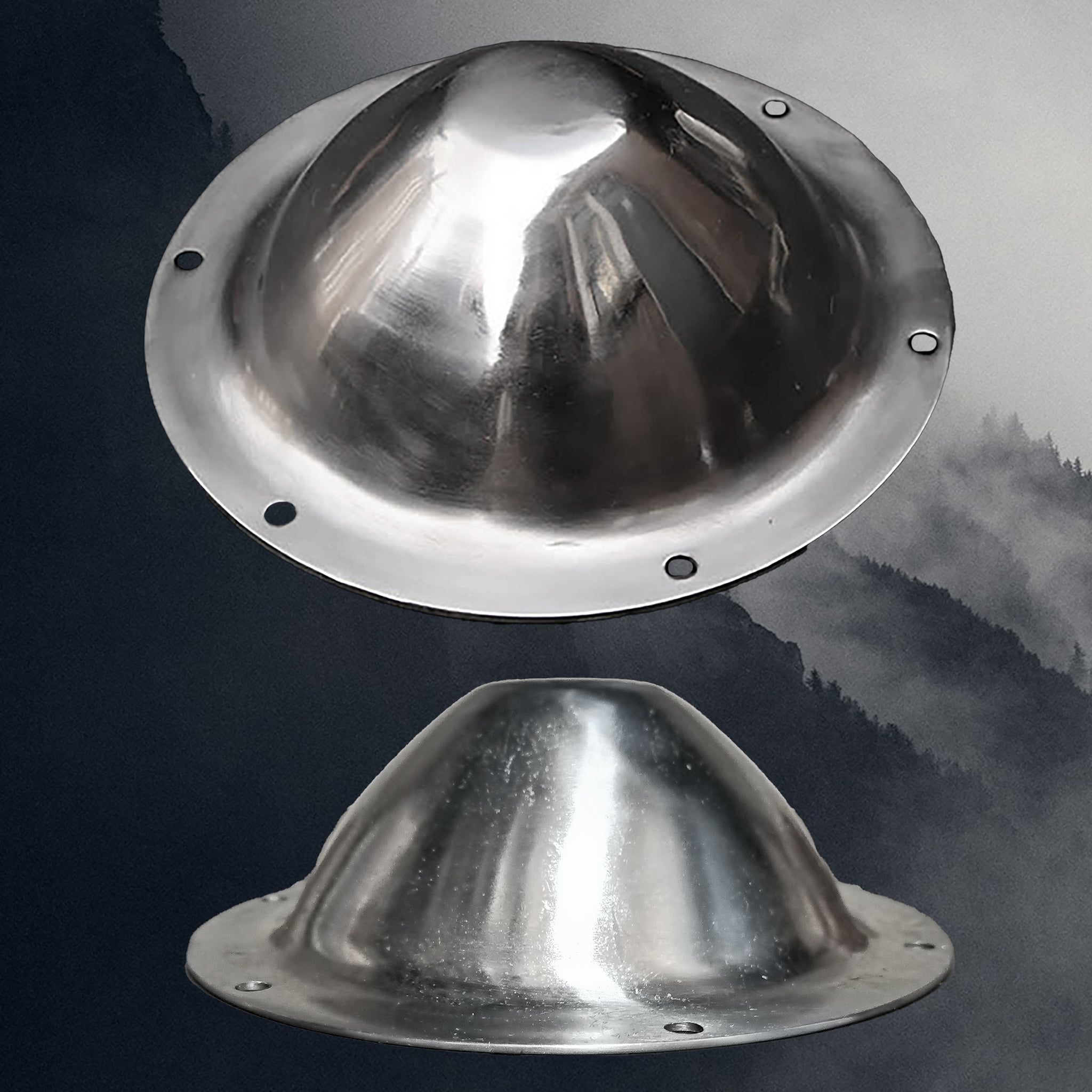 Conical Spun Viking Shield Boss with Rivet Holes - Different Angles on Misty Hillside Background