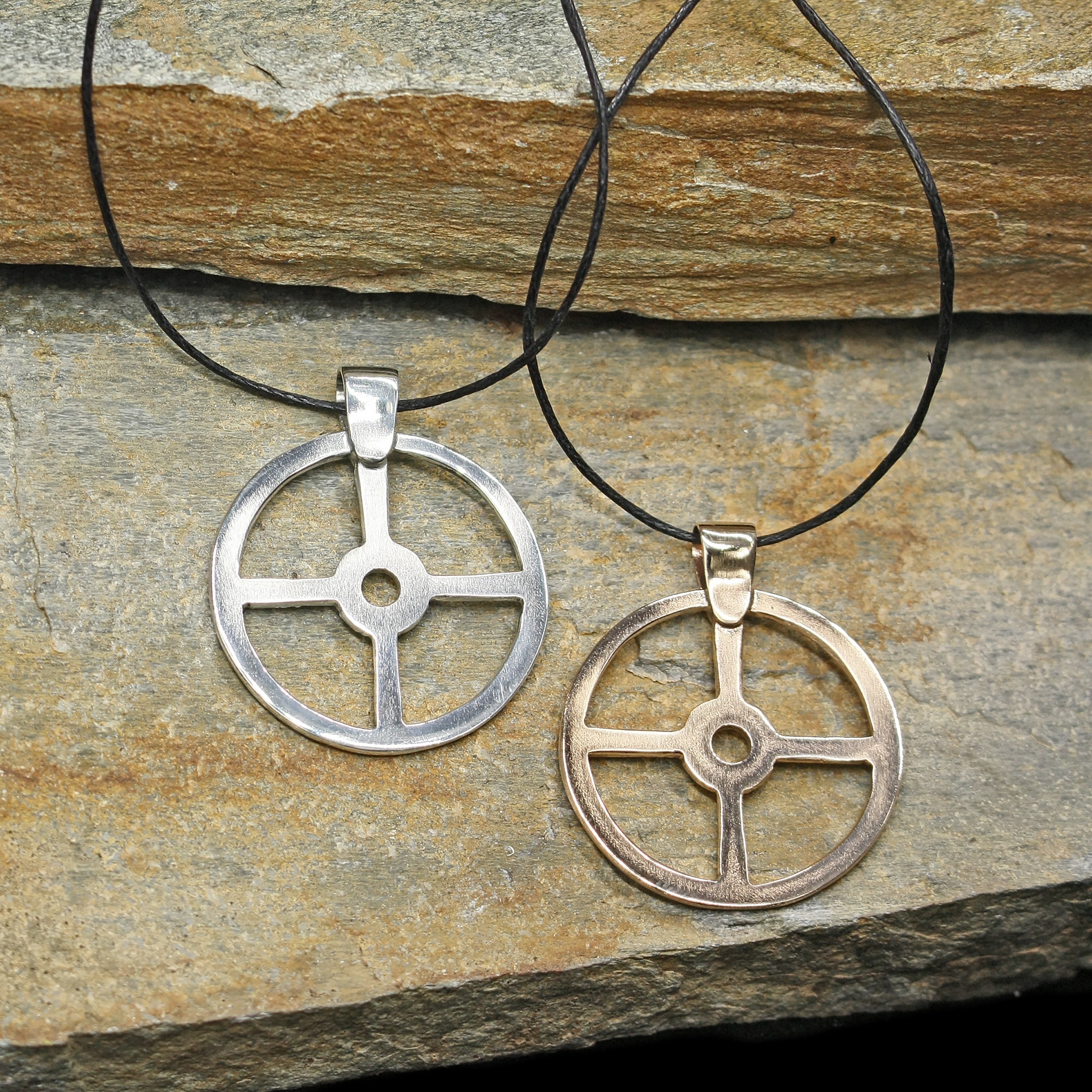 Silver & Bronze Sun Cross Odin Pendants on Rock - New