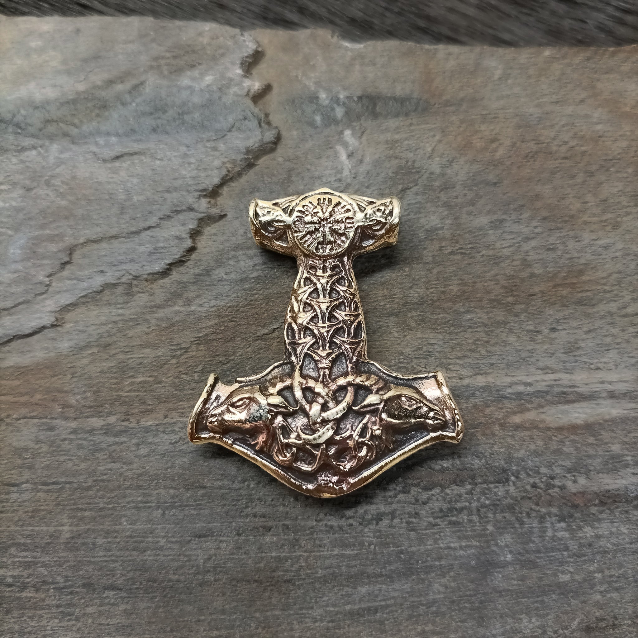 Bronze Goat Thors Hammer Pendant on Rock