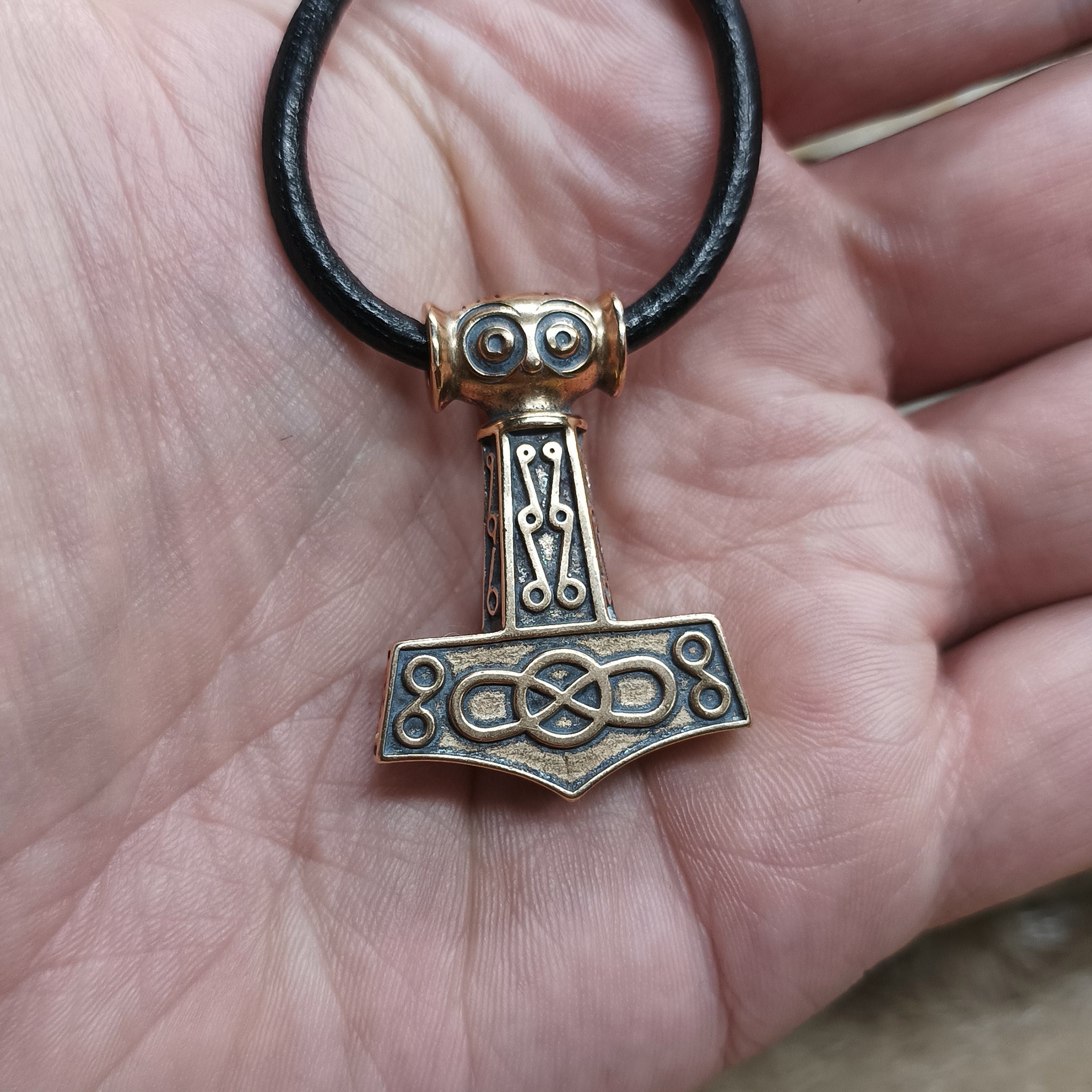 Bronze Odeshög Thors Hammer Pendant on Leather Thong - On Hand