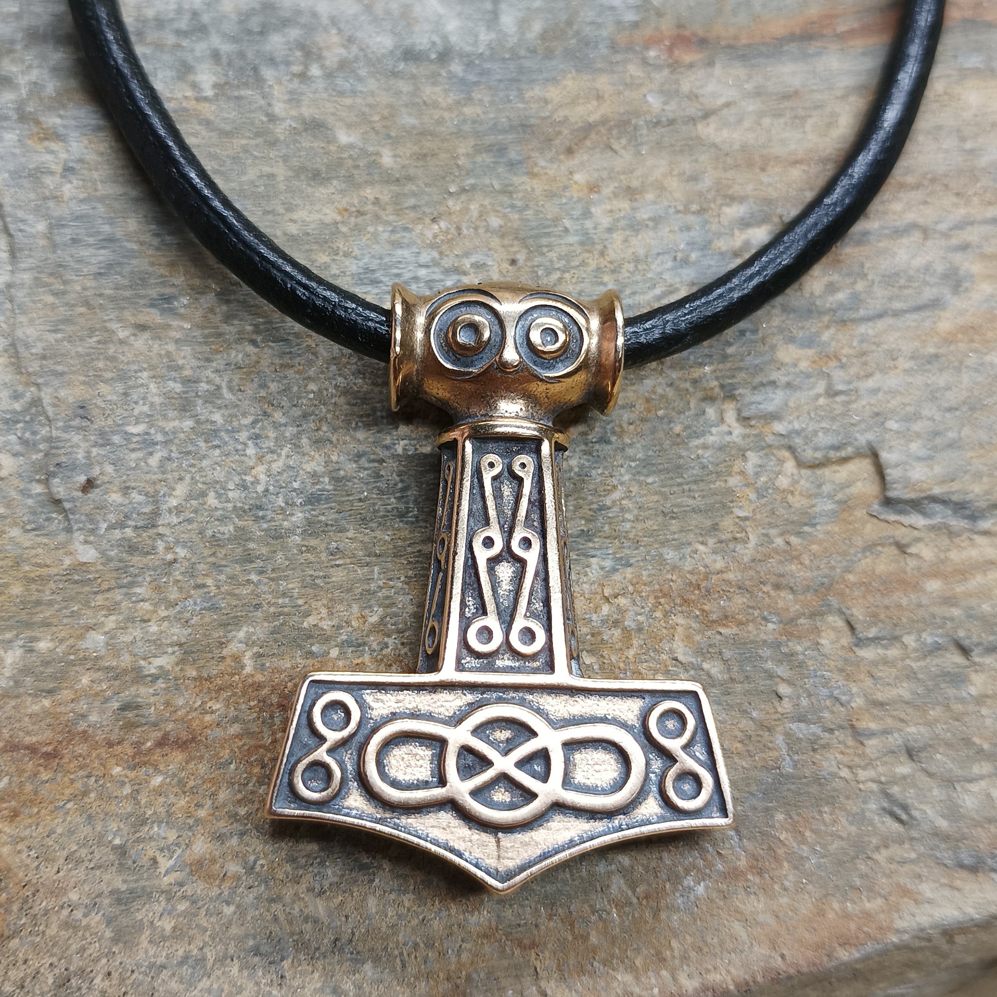 Bronze Odeshög Thors Hammer Pendant on Leather Thong - On Rock