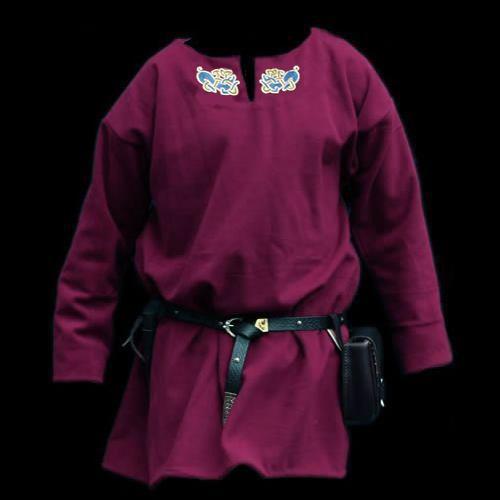 Embroidered Burgundy Wool Viking Tunic - Handmade Viking Clothing