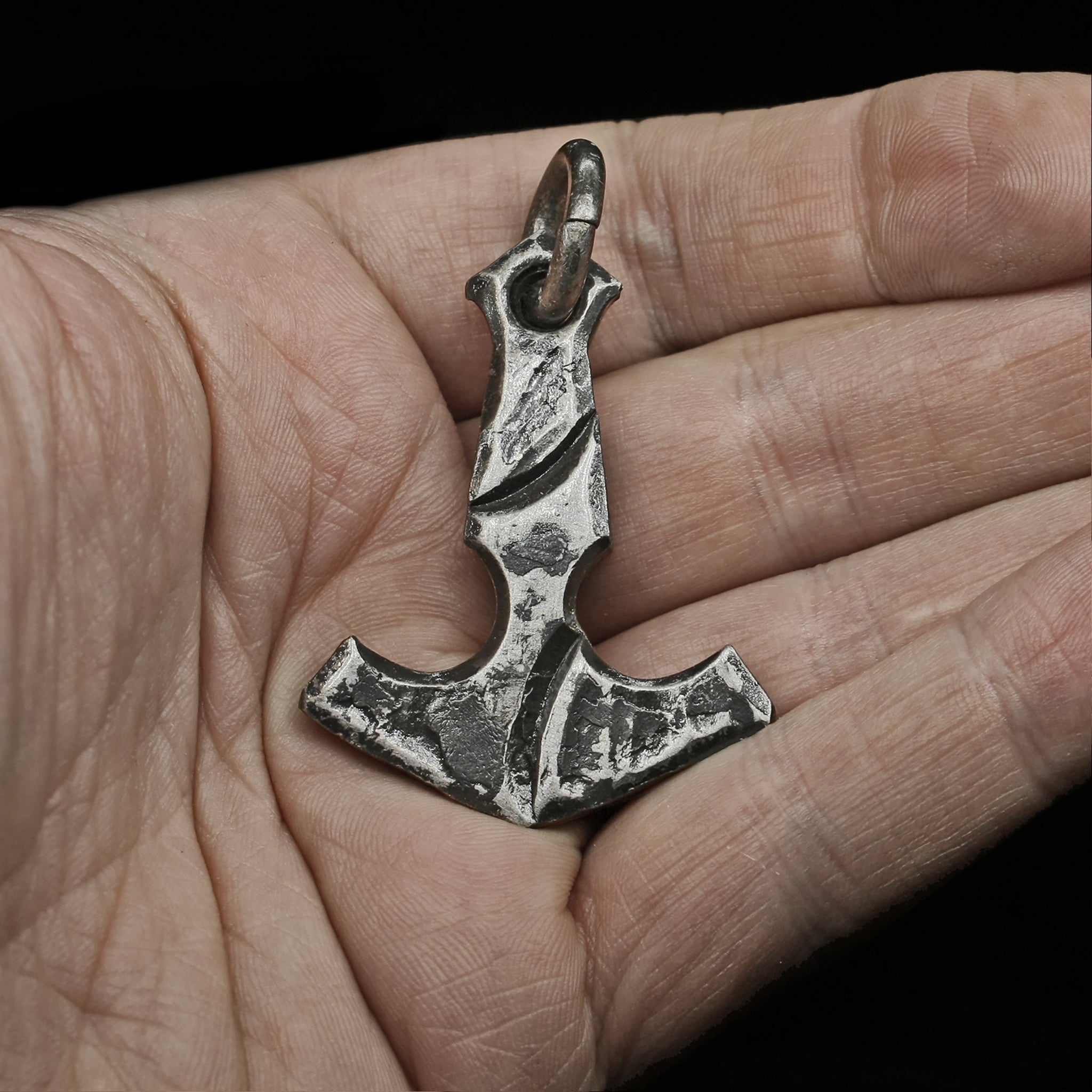 Large Hand-Forged Steel Viking Thors Hammer Pendant on Hand