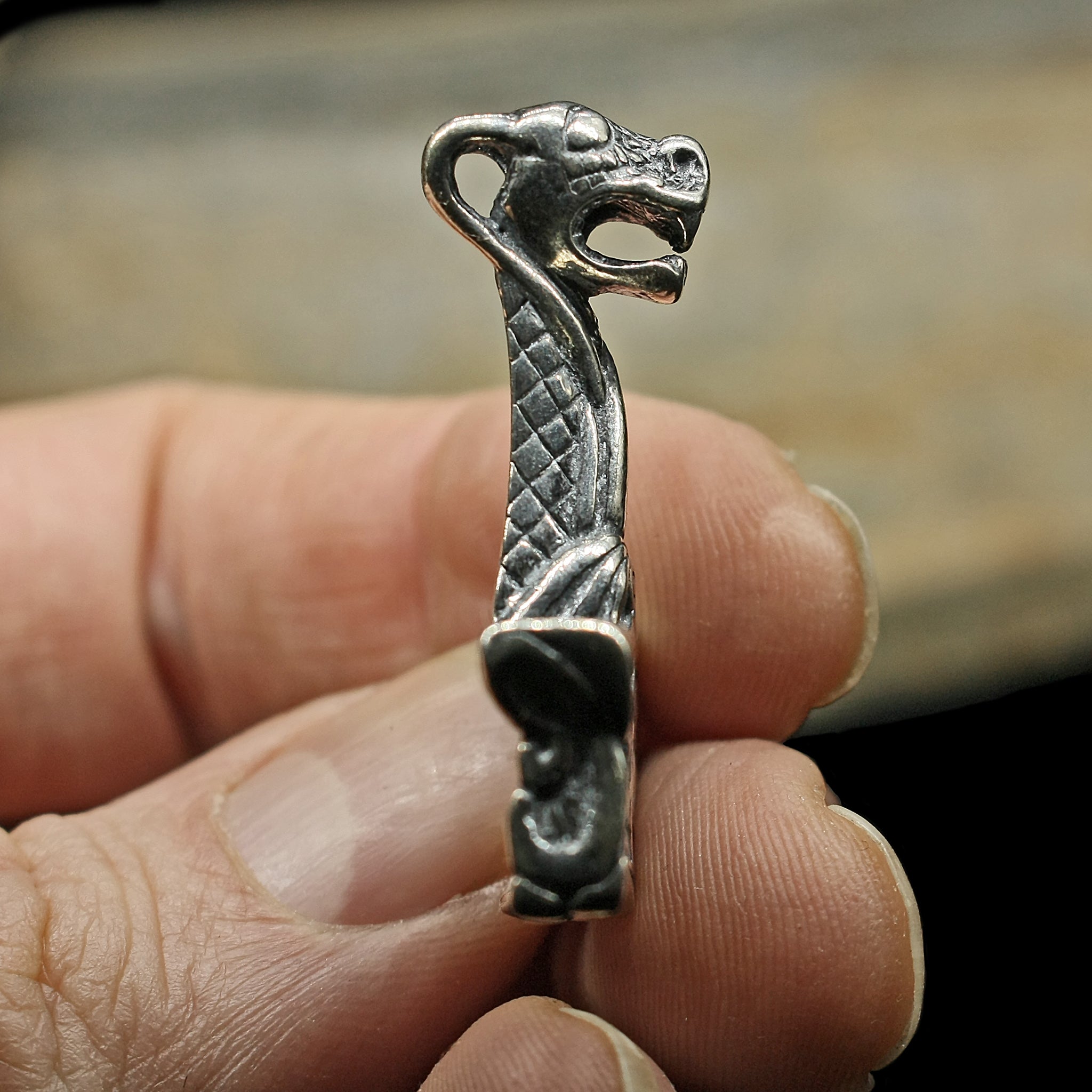 Silver Dragon Oseberg Thors Hammer Pendant - Side View