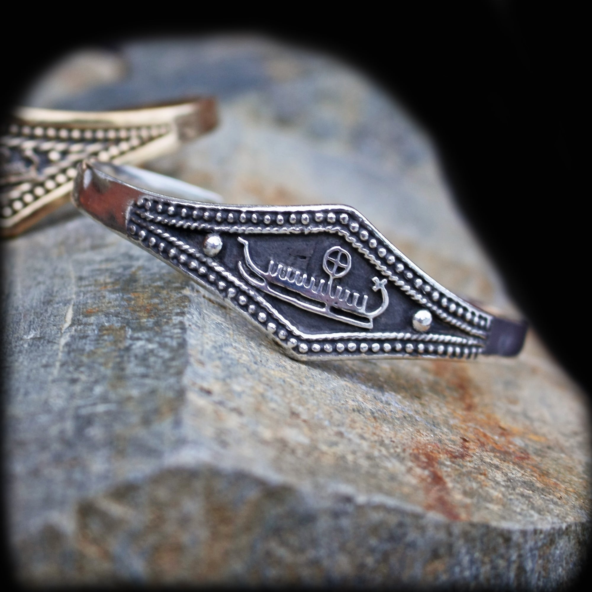 Viking Longship Bracelet in 925 Sterling Silver on Rock  - Viking Jewelry