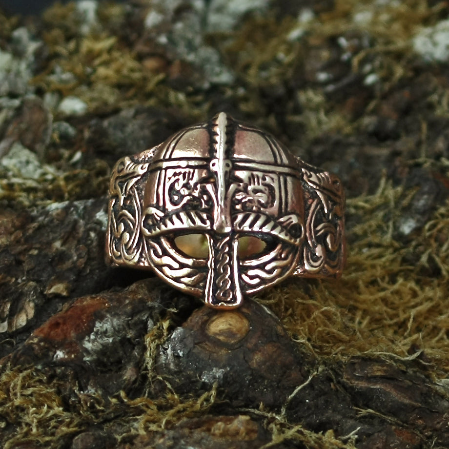 Bronze Viking Helmet Ring on Mossy Rock - Viking Rings