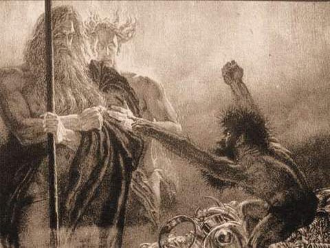 Dwarf Andvari raging at the gods Odin and Loki: "Odin, Loki et Andvari" by F. von Stassen - Viking Dragon Blogs