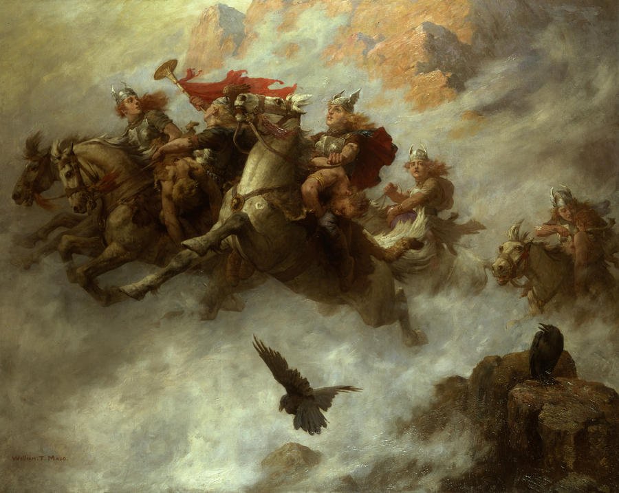 Painting of armored women riding war-horses through the clouds: "Valkyries" by W. T. Maud, retrieved from https://upload.wikimedia.org/wikipedia/commons/a/a6/Valkyries_by_W._T._Maud.jpg--Viking Dragon Blogs