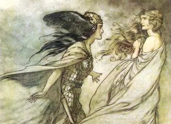 Brynhild, armed, advances on Gudrun; picture by Arthur Rackham, retrieved from https://upload.wikimedia.org/wikipedia/commons/e/e6/Ring56.jpg--Viking Dragon Blogs