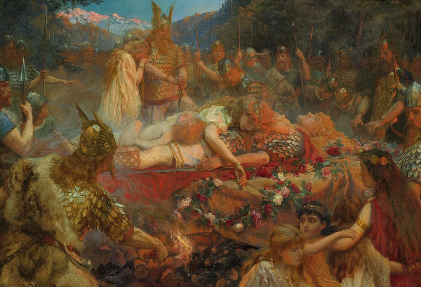 "Sigurd and Brunhild's Funeral Pyre" by Charles E Butler, 1909, retrieved from https://i.pinimg.com/originals/b9/f2/39/b9f2395f1bc9760d1b3b9c7ca0156723.jpg--Viking Dragon Blogs