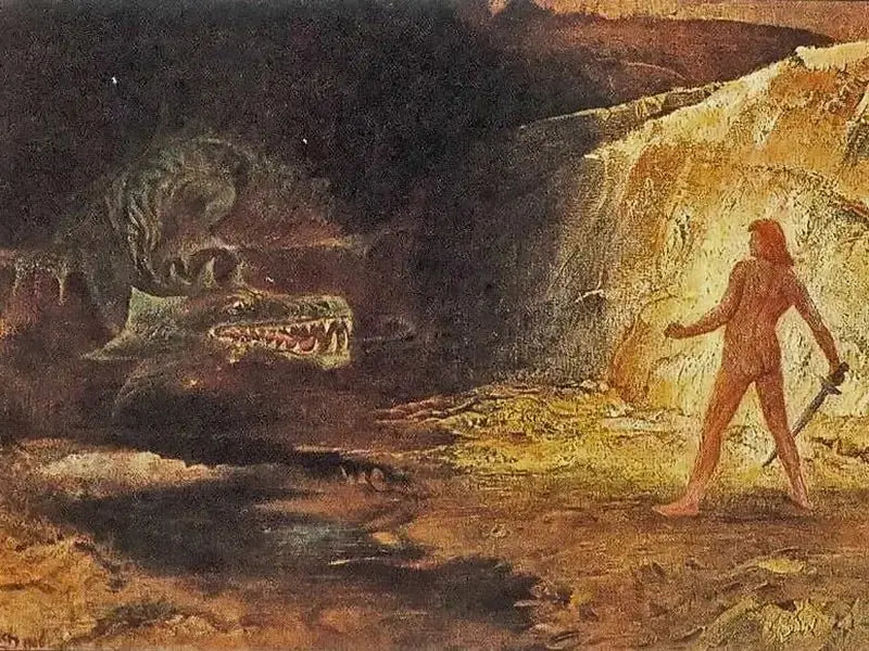 Fafnir Emerging From His Lair, Sigurd Facing Him, Sword in Hand; 'Sigurd and Fafnir' by Hermann Hendrich, 1906, via Wikimedia – Viking Dragon Blogs