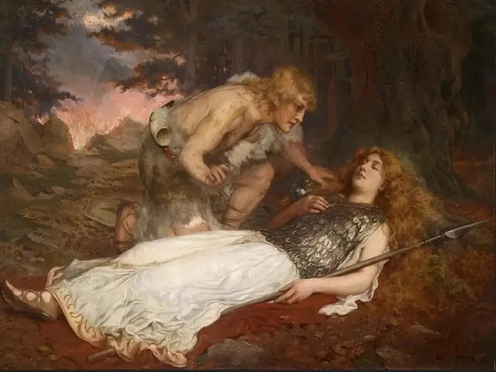 Sigurd bends over the sleeping Brynhild: "Siegfried und Brunnhilde" by Charles Ernest Butler, 1909, https://commons.wikimedia.org/wiki/Category:Br%C3%BCnnhilde#/media/File:Charles_Ernest_Butler_Siegfried_und_Brunnhilde.jpg--Viking Dragon Blogs