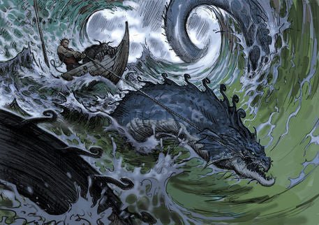 Jormungand towing Hymir & Thor through wild waves - Thor, the Giant's Kettle and the Midgard Serpent - The Viking Dragon Blog