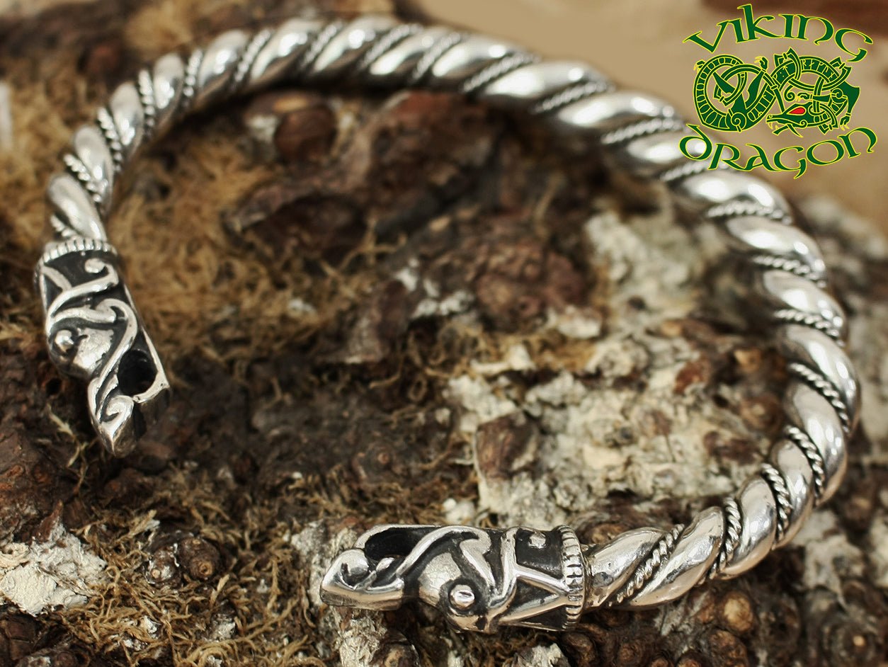 Twisted Silver Handmade Viking Arm Ring with Gotland Viking Dragon Heads - Mythical Viking Dragons - The Viking Dragon Blog