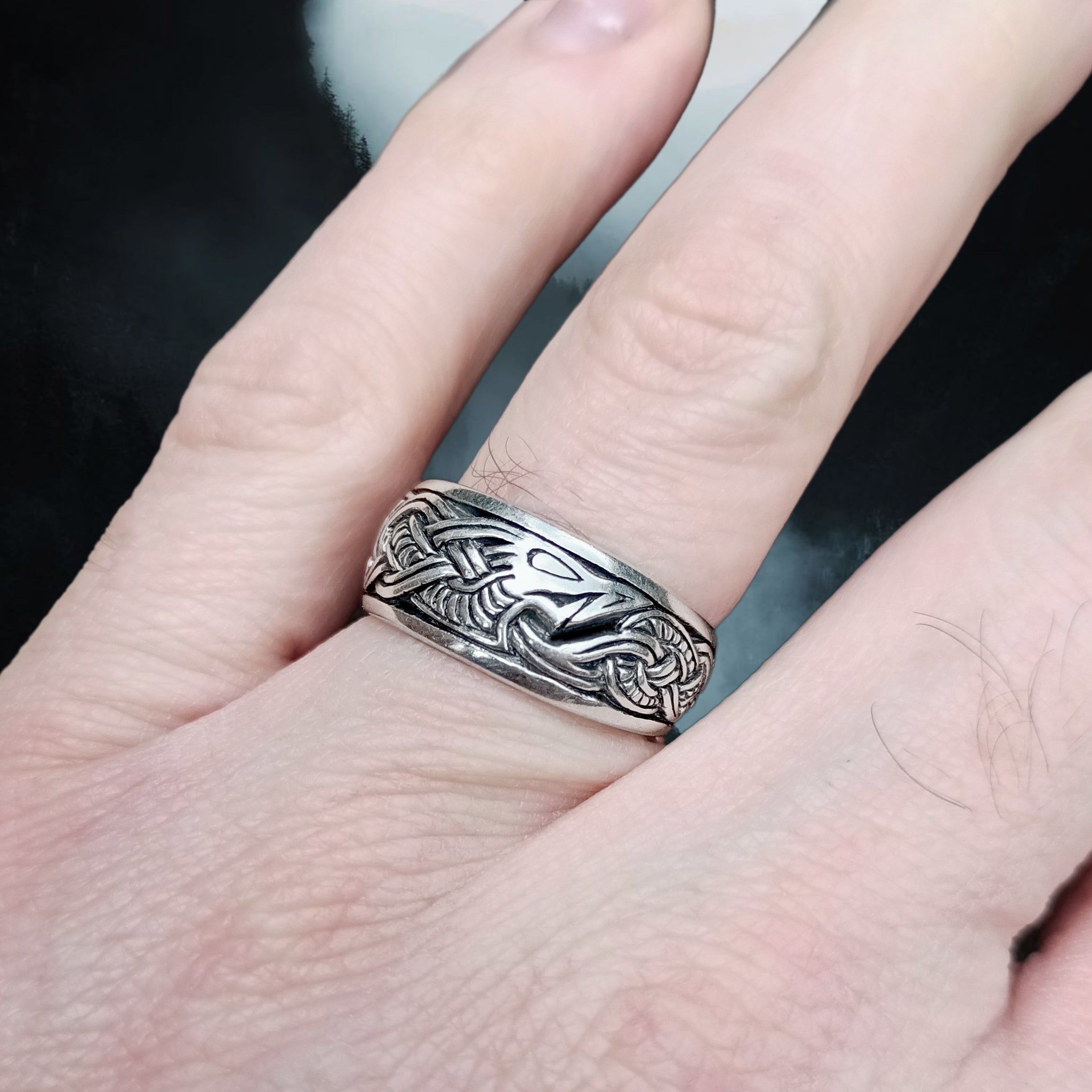 Large Silver Viking Dragon Ring on Finger