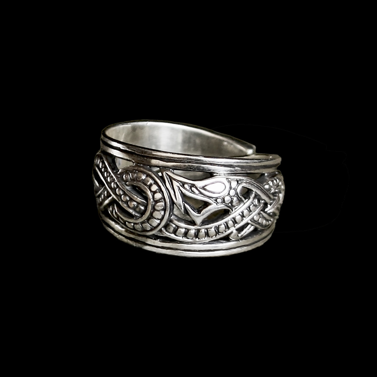 925 Sterling Silver Openwork Ringerike Dragon Ring - Viking Jewelry