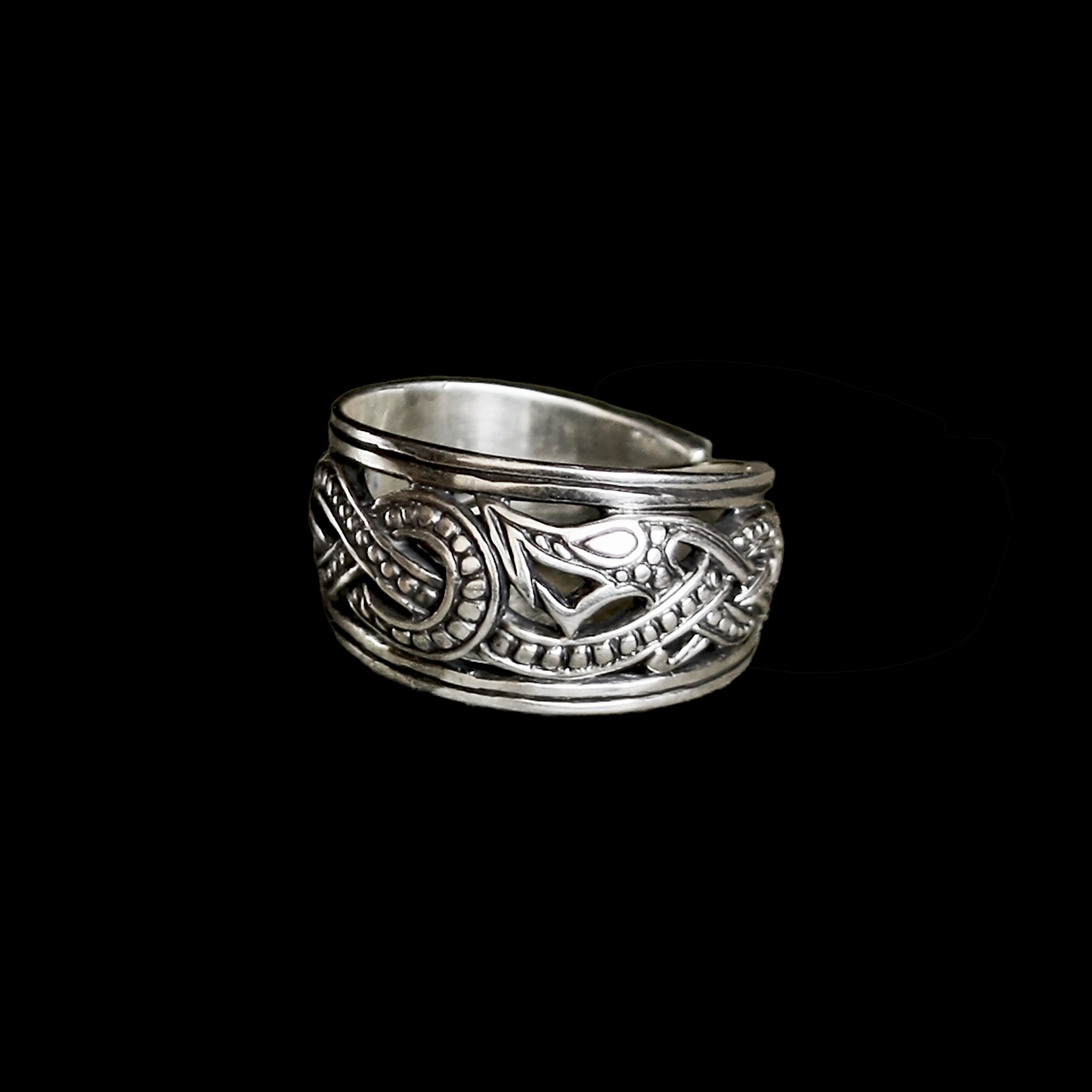 Silver Openwork Ringerike Viking Dragon Ring - Small