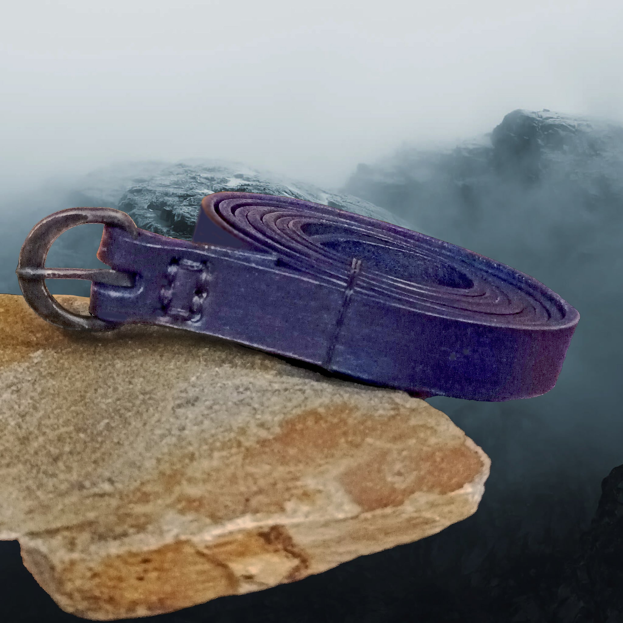 Long Leather Viking / Medieval Belt with Hand-Forged Iron Buckle and Blue Leather Strap