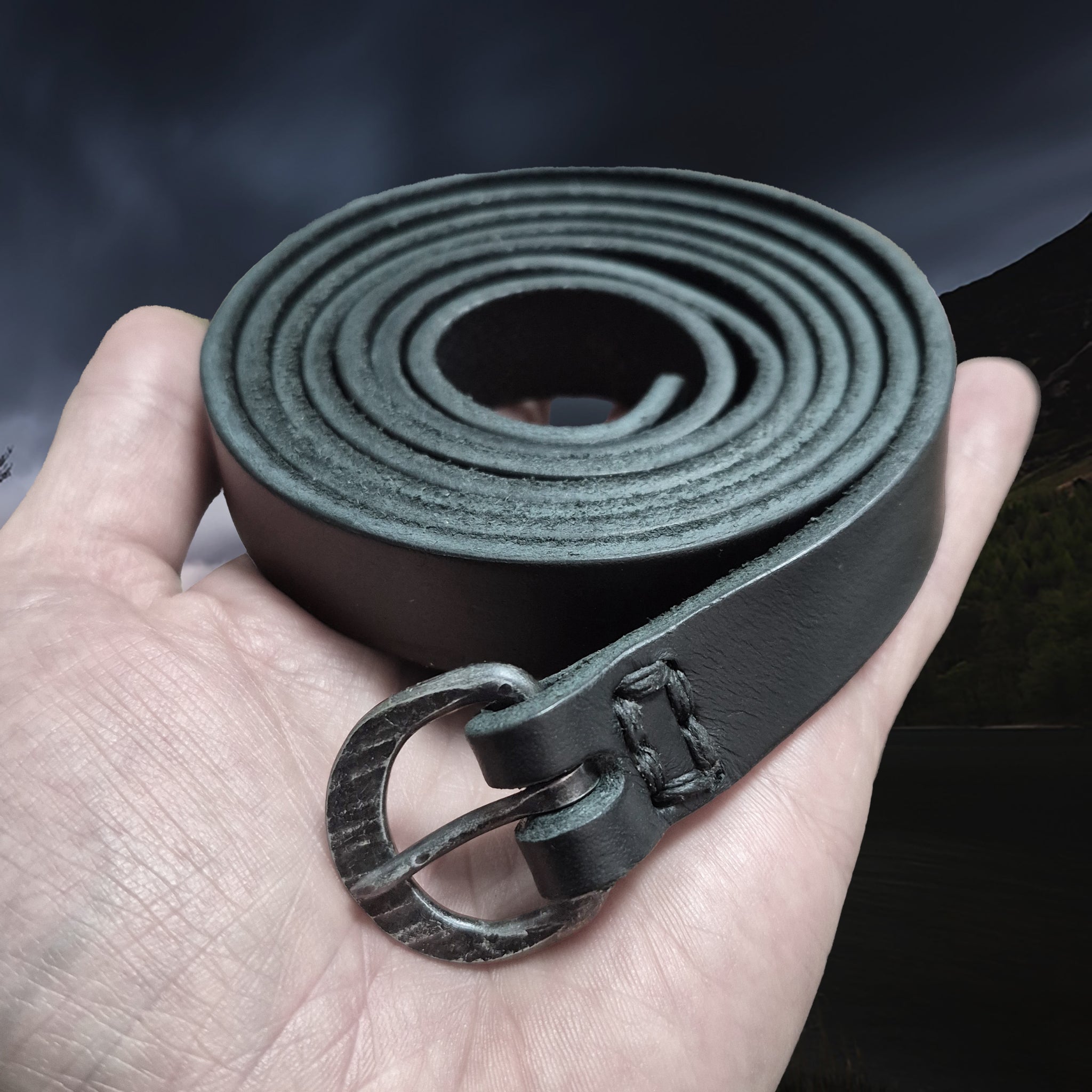 Complete Black Leather Long Viking Belt with Hand-Forged D-Shaped Iron Buckle
