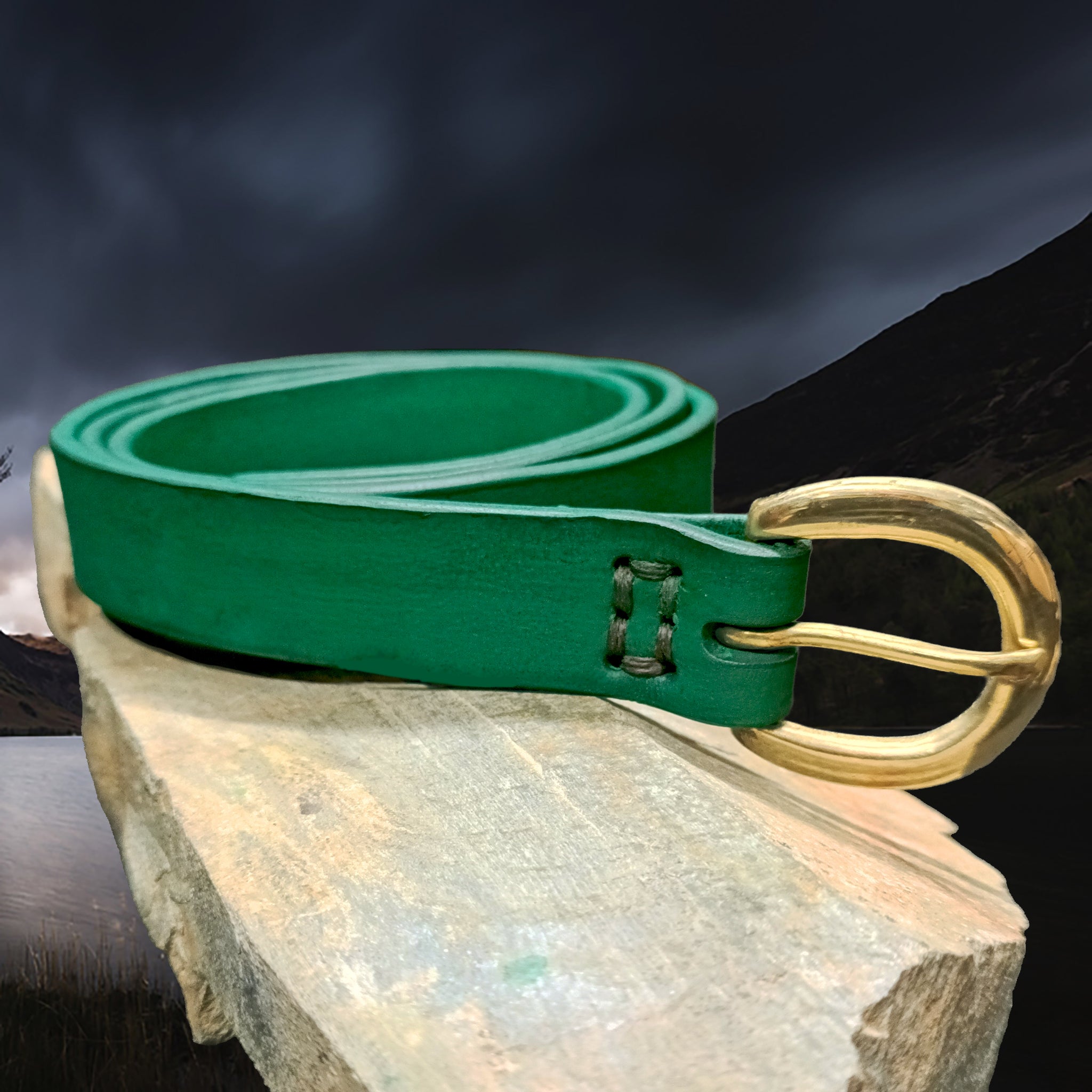 1 Inch Wide (25mm) Green Leather Viking Belt with Brass Buckle on Rock