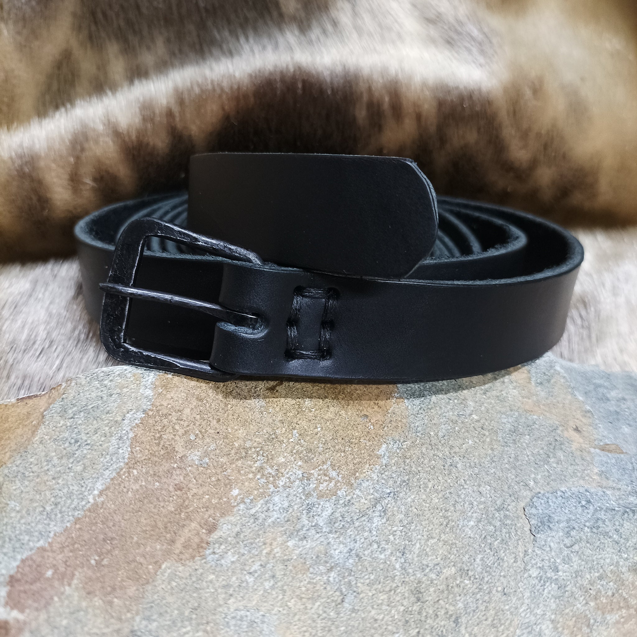 Complete Long Black Leather Viking Belt with Hand-Forged Rectangular Shaped Iron Buckle