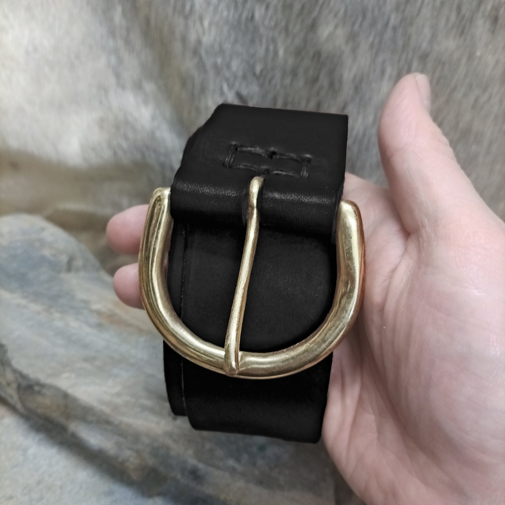 Black Leather Viking Belt with Brass Buckle - 50mm Width in Hand