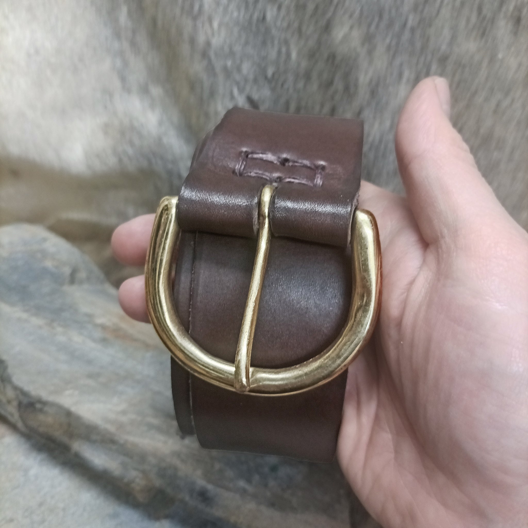 Brown Leather Viking Belt with Brass Buckle - 50mm Width in Hand