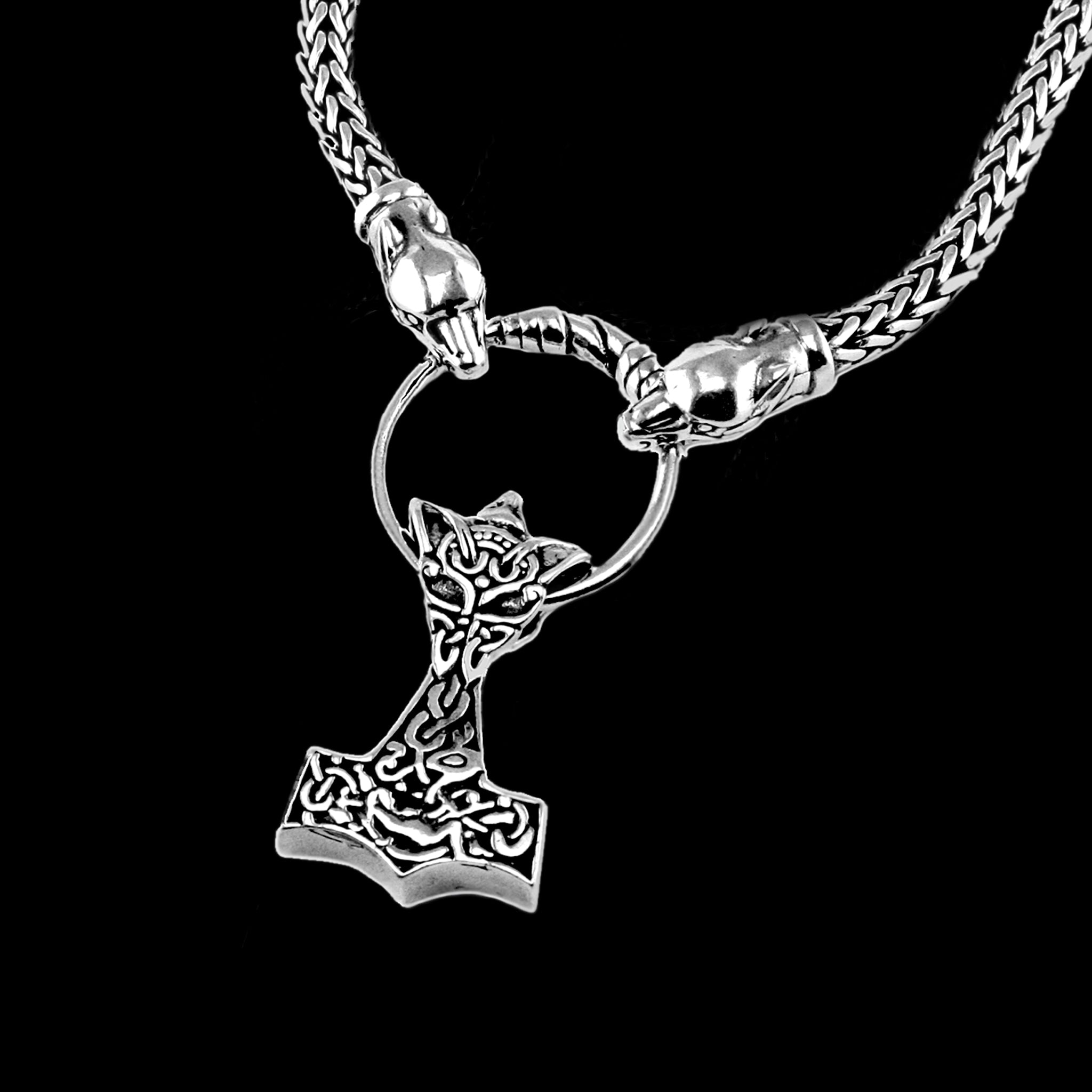 Silver Wolf Thors Hammer Viking Pendant by Kai Uwe Faust with Split Ring and Silver Snake Chain Necklace with Ferocious Wolf Heads