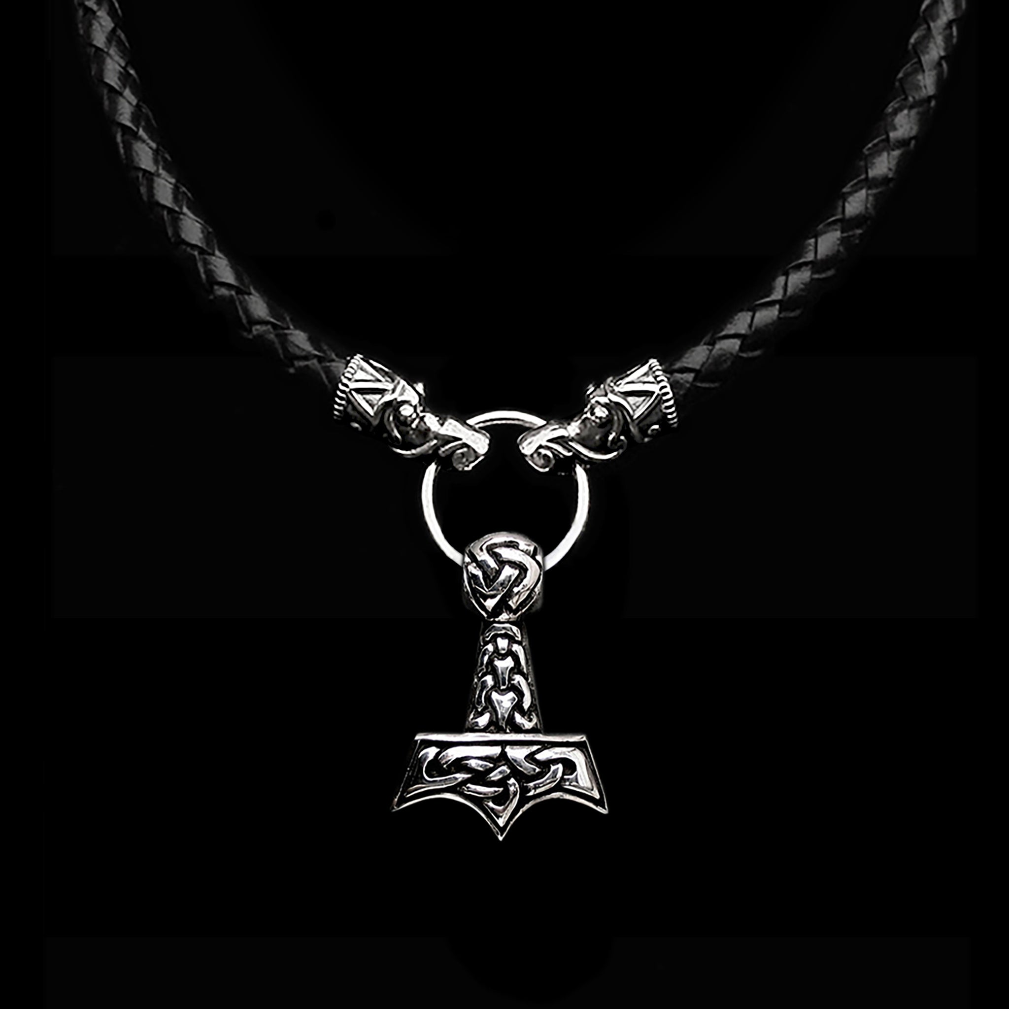 Customisable 8mm Thick Braided Leather Thors Hammer Necklace with Silver Gotland Dragon Heads, Split Ring and AD2 Knotwork Thor's Hammer