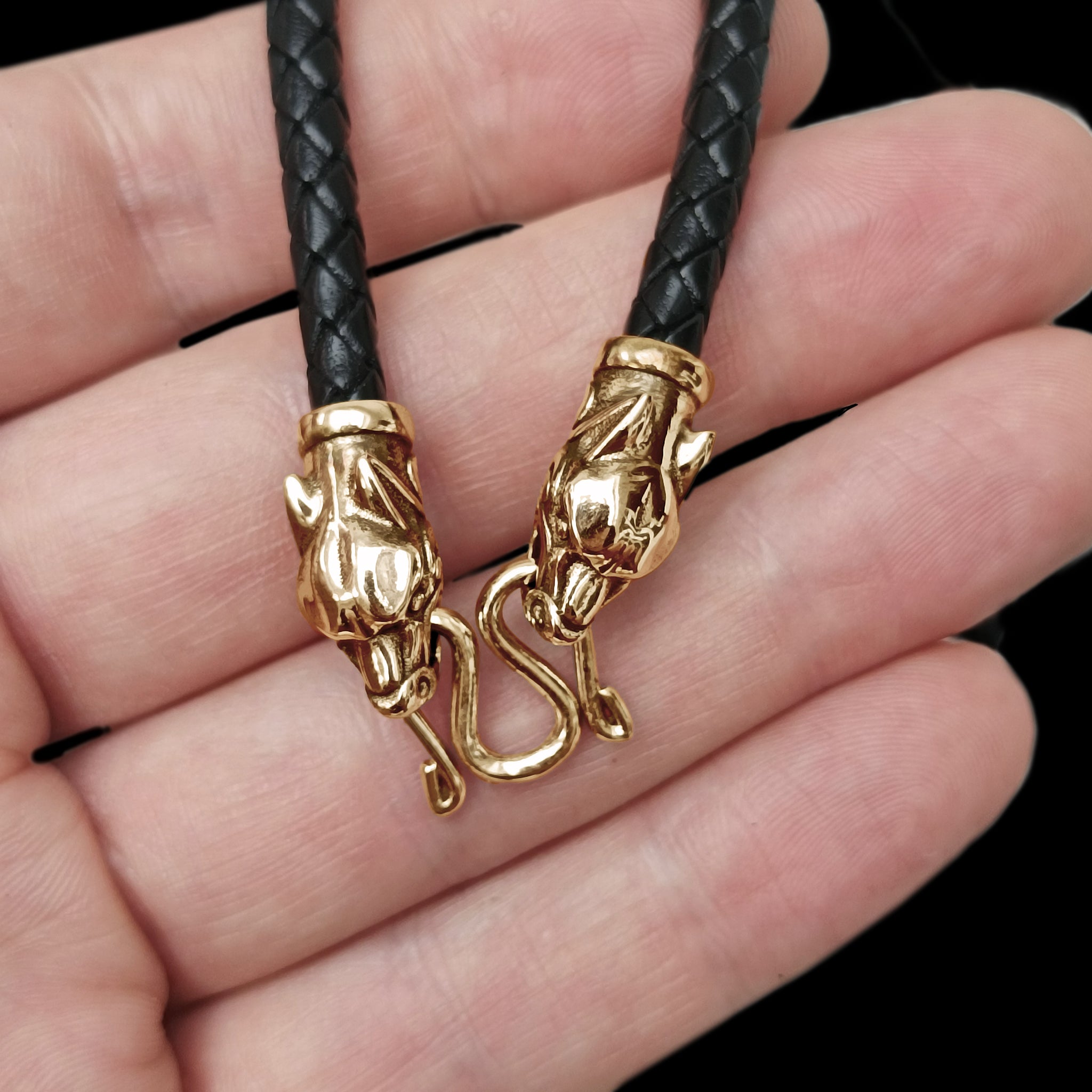 5mm Width Braided Leather Necklace with Bronze Ferocious Wolf Heads and Butterfly Fitting in Hand