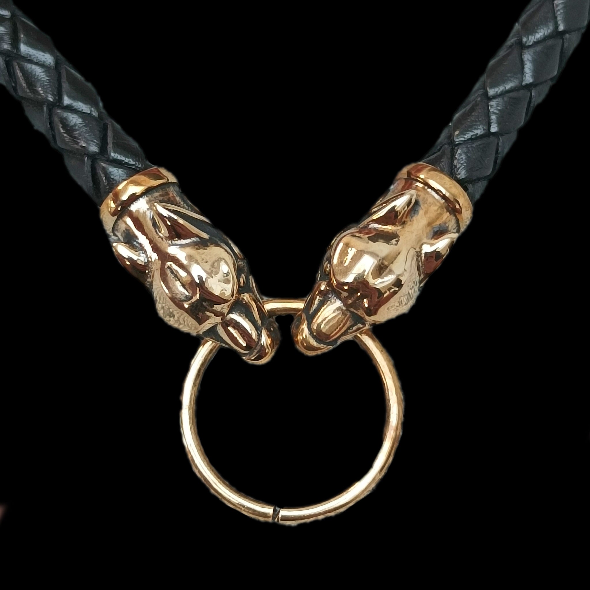 8mm Width Braided Leather Necklace with Bronze Ferocious Wolf Heads and Split Ring