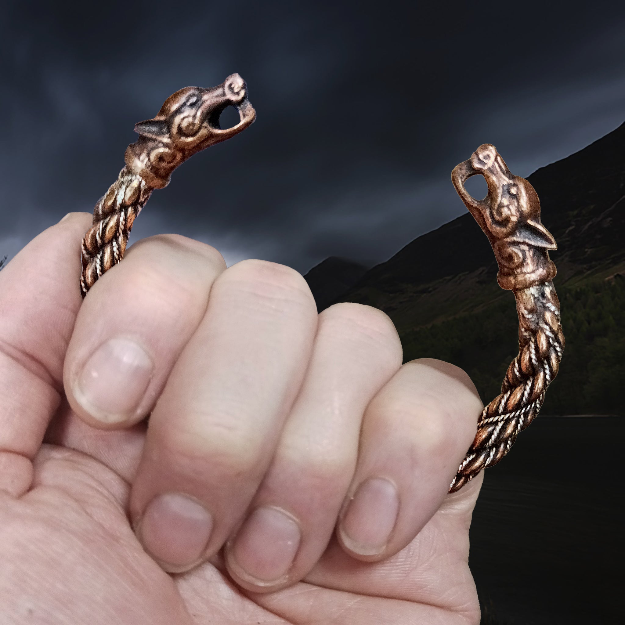 Handmade Twisted Bronze and Silver Arm Ring / Bracelet With Ferocious Wolf Heads in Hand