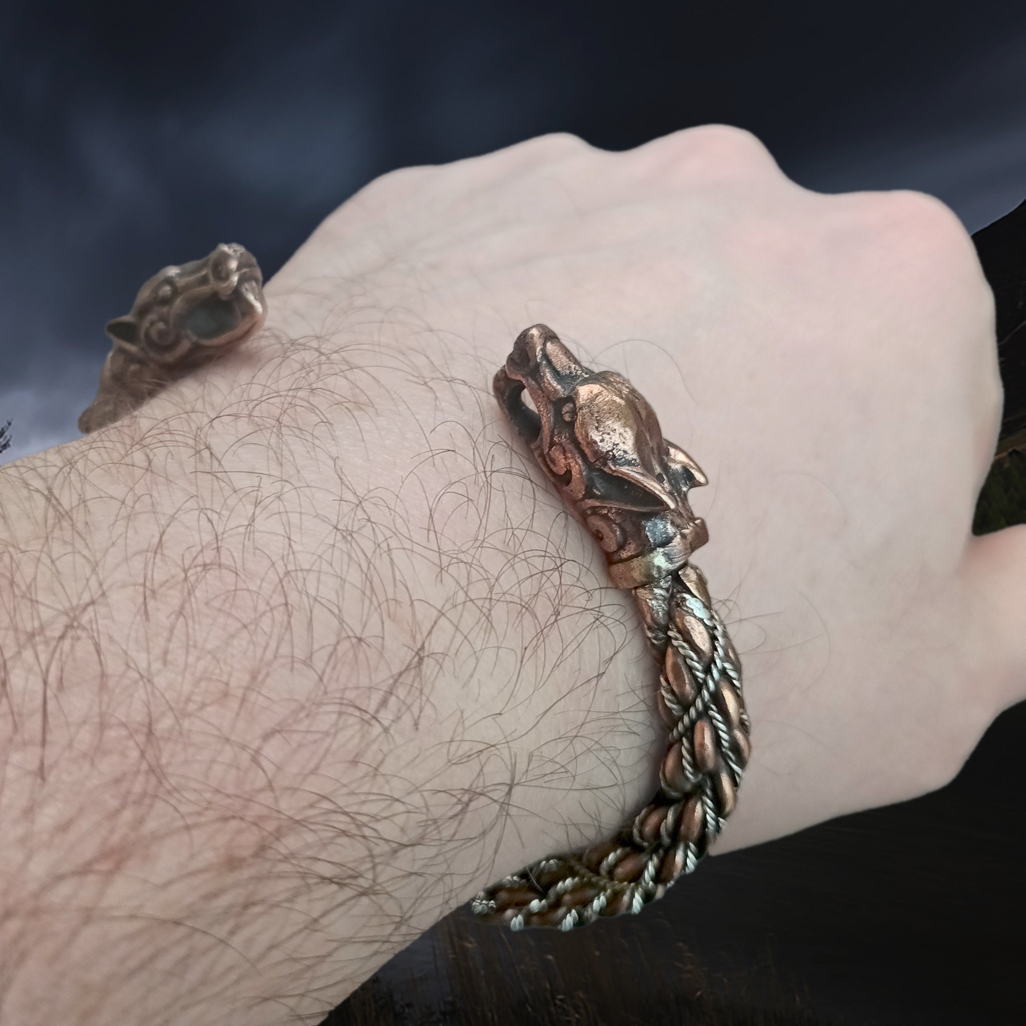 Handmade Twisted Bronze and Silver Arm Ring / Bracelet With Ferocious Wolf Heads on Wrist