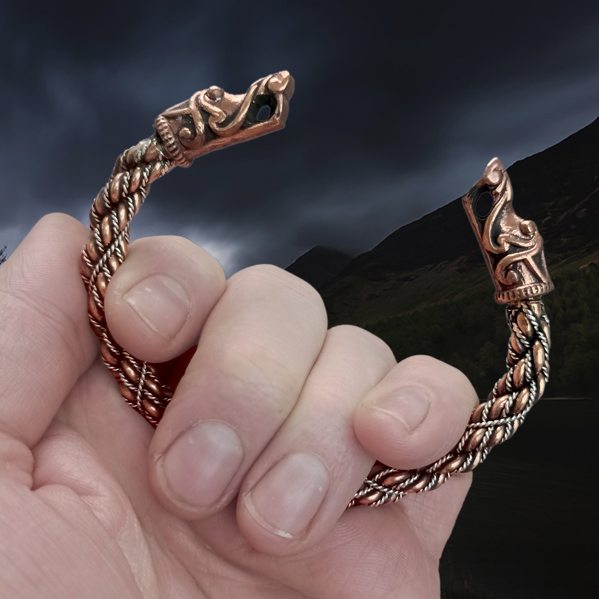 Handmade Twisted Bronze and Silver Arm Ring / Bracelet With Gotlandic Dragon Heads in Hand
