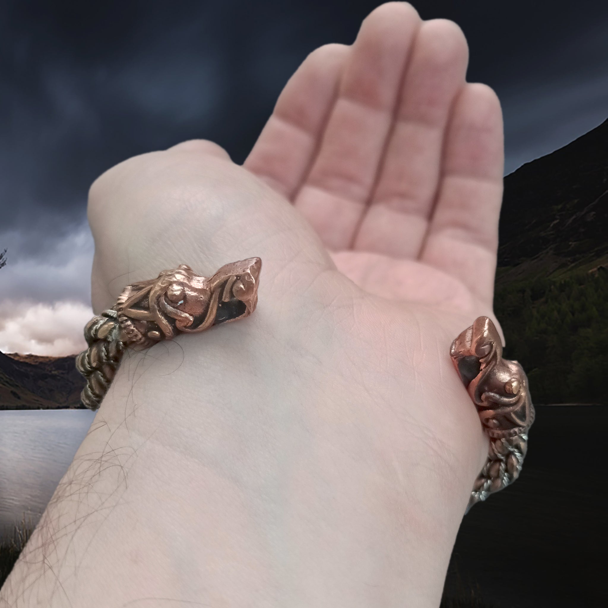 Handmade Twisted Bronze and Silver Arm Ring / Bracelet With Gotlandic Dragon Heads on Back of Wrist