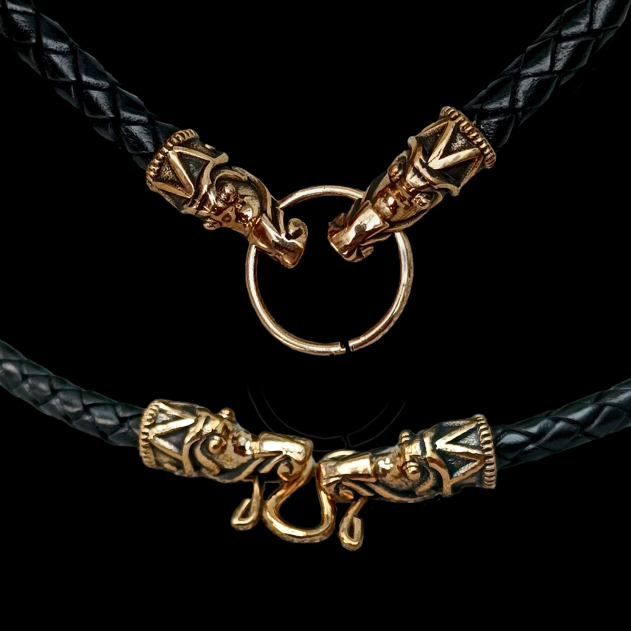 Braided Leather Necklaces with Bronze Gotlandic Dragon Heads - 8mm & 5mm Widthss