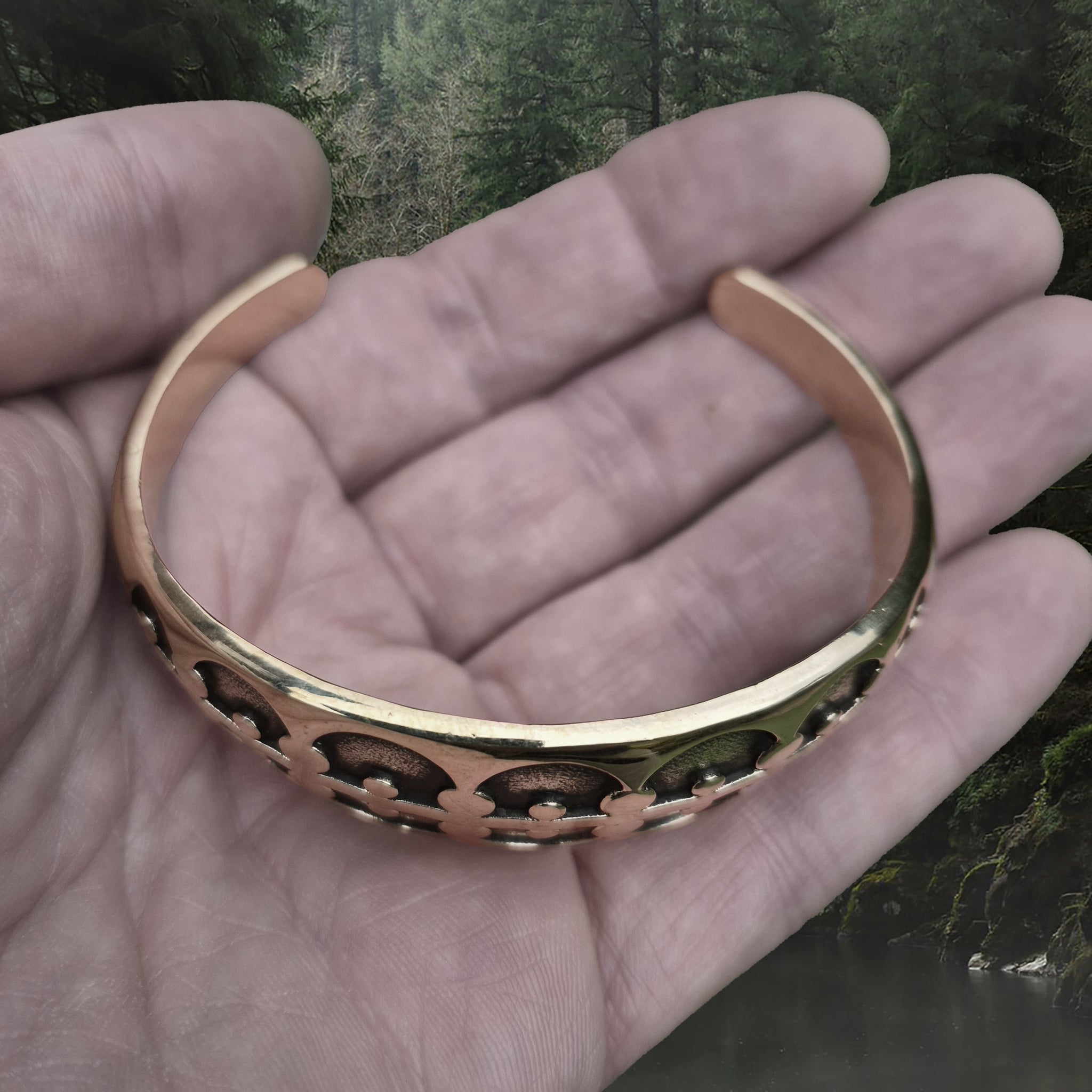Bronze Viking Arm Ring / Bracelet Replica from Gotland, Sweden on Hand - Above Angle View