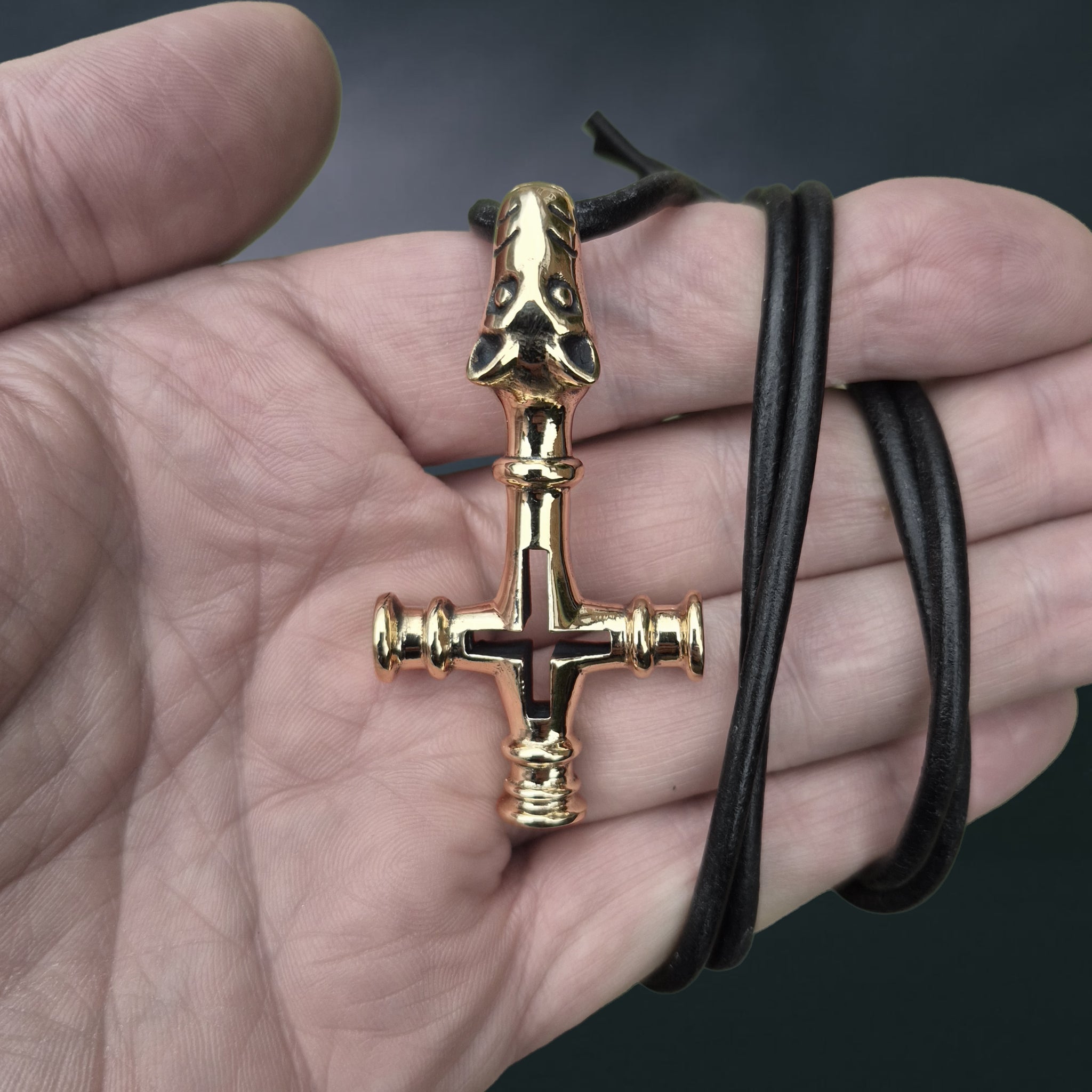 Large Bronze Icelandic Wolf Thor's Hammer Pendant Replica on Leather Cord - on Hand