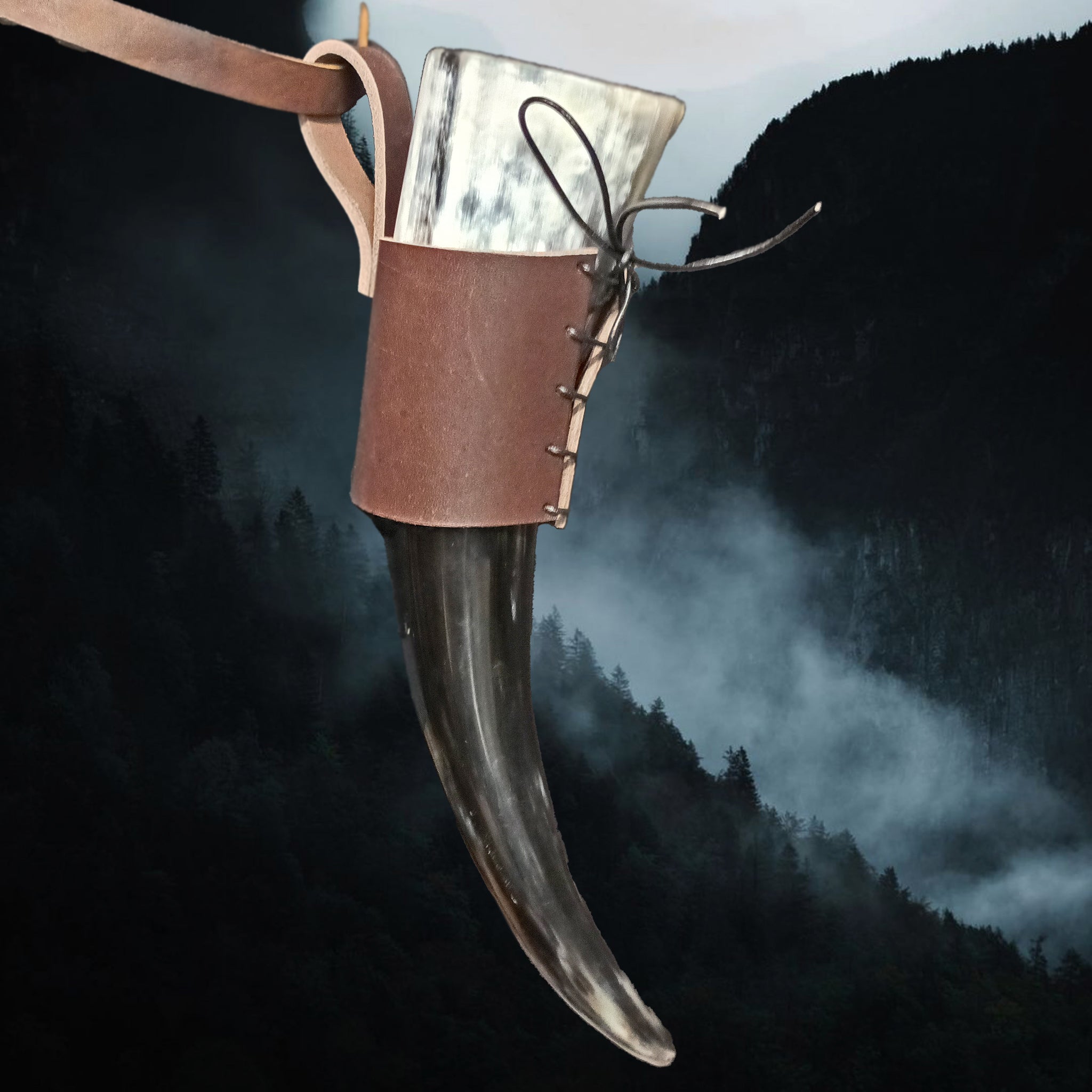Viking Drinking Horn Leather Belt Hanger on Belt with Small Viking Horn - Side View
