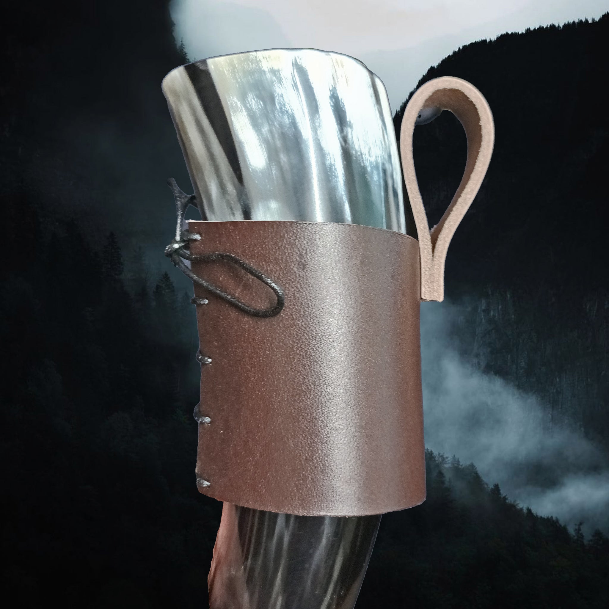 Viking Drinking Horn Leather Belt Hanger on Small Viking Drinking Horn - Close Up Side View