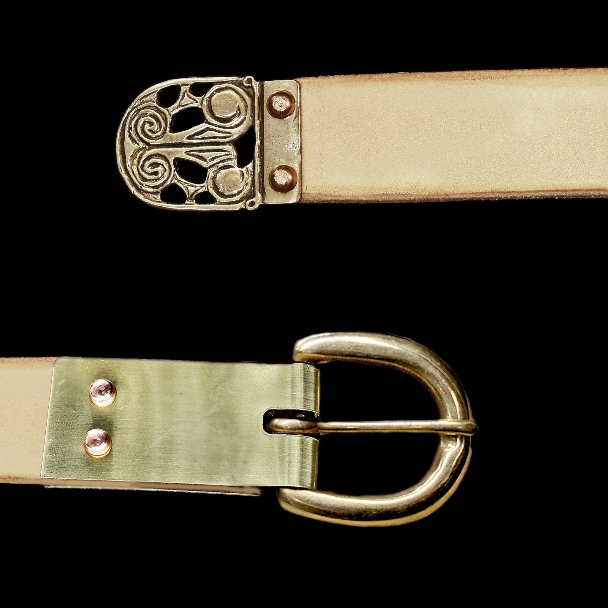 Custom Made 25mm (1 inch) Wide Leather Viking Belt with Brass Buckle, Plain Brass Buckle Plate & Hiberno Norse Bronze Strap End